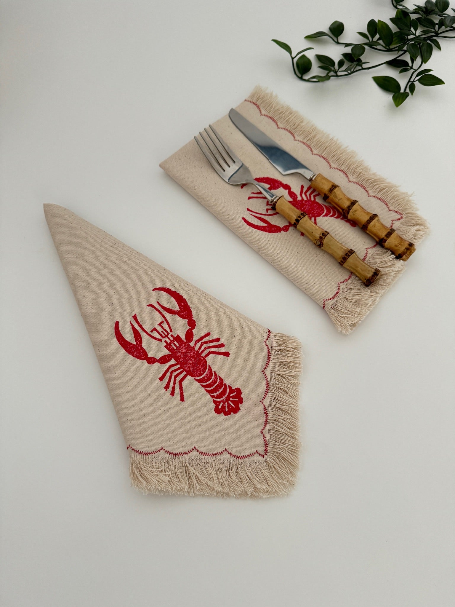 Lobster block printed fringe cotton napkins, handmade cloth napkins by Emena Home UK