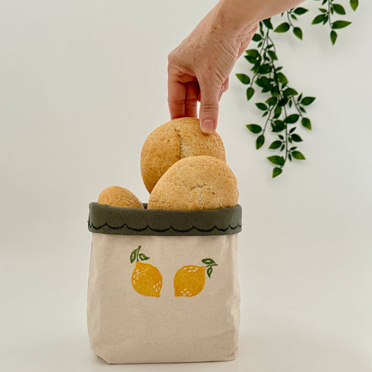Reversible block-printed fabric storage basket in lemon print, handmade cotton basket by Emena Home UK