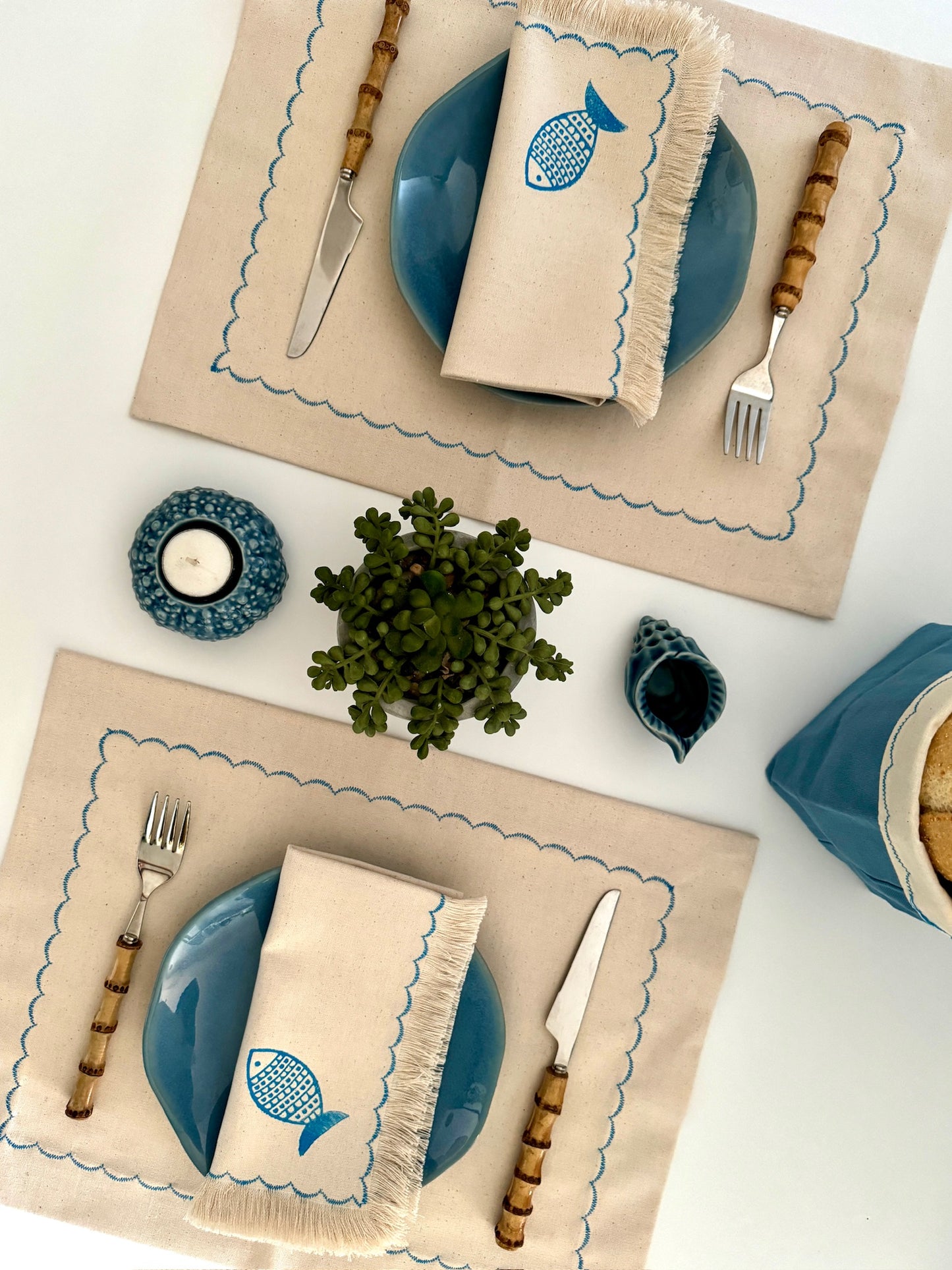 Fish block printed fringe cotton napkins, handmade cloth napkins by Emena Home UK