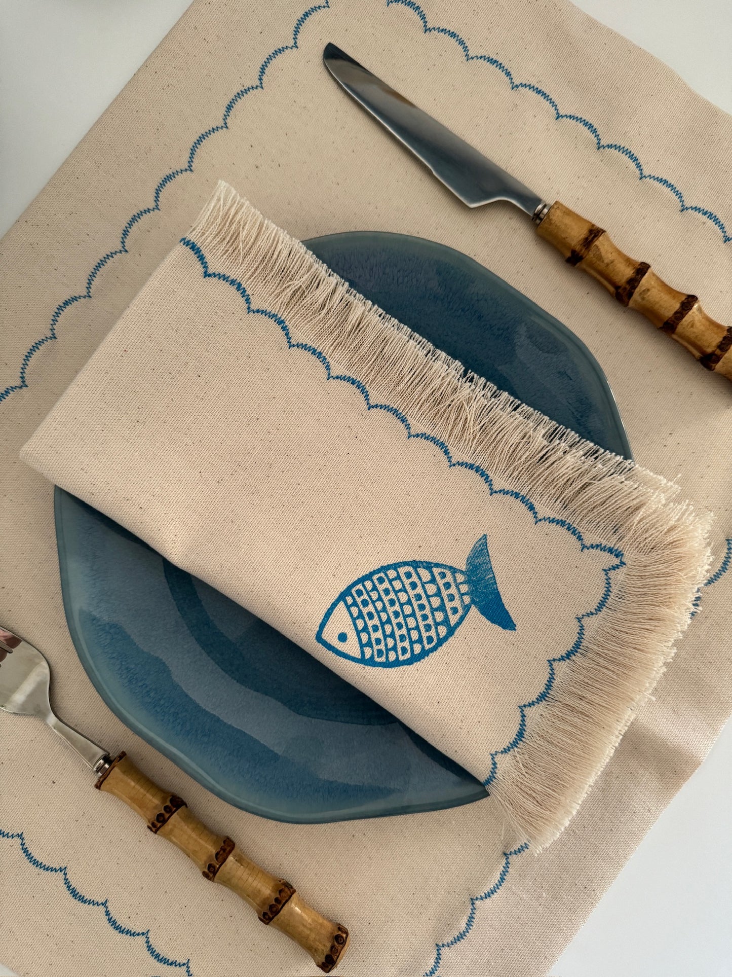 Fish block printed fringe cotton napkins, handmade cloth napkins by Emena Home UK