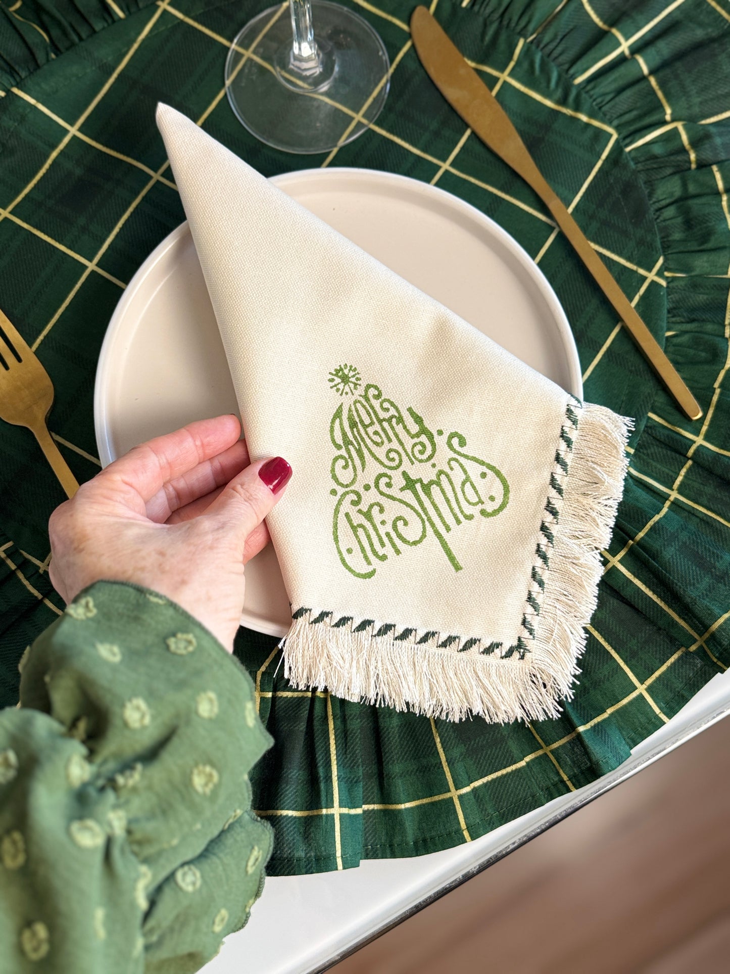 Merry Christmas Block Printed Fringed Napkins