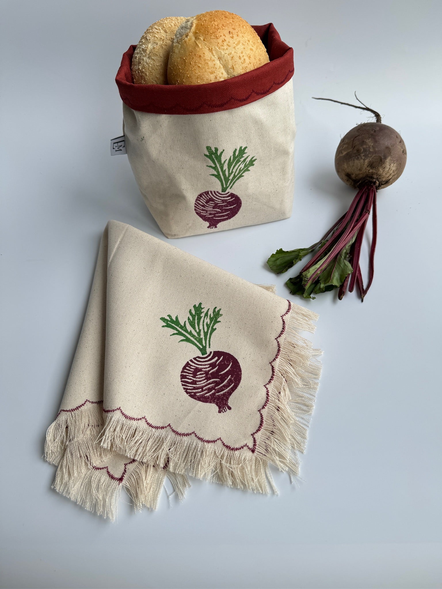 Beet block printed fringe cotton napkins, handmade cloth napkins by Emena Home UK