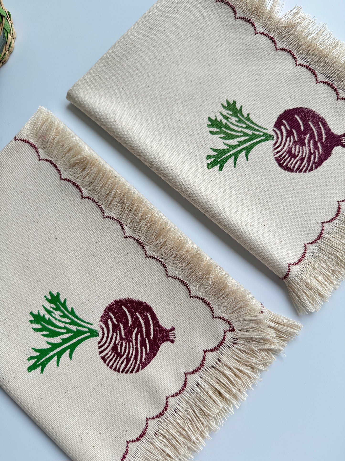 Beet block printed fringe cotton napkins, handmade cloth napkins by Emena Home UK