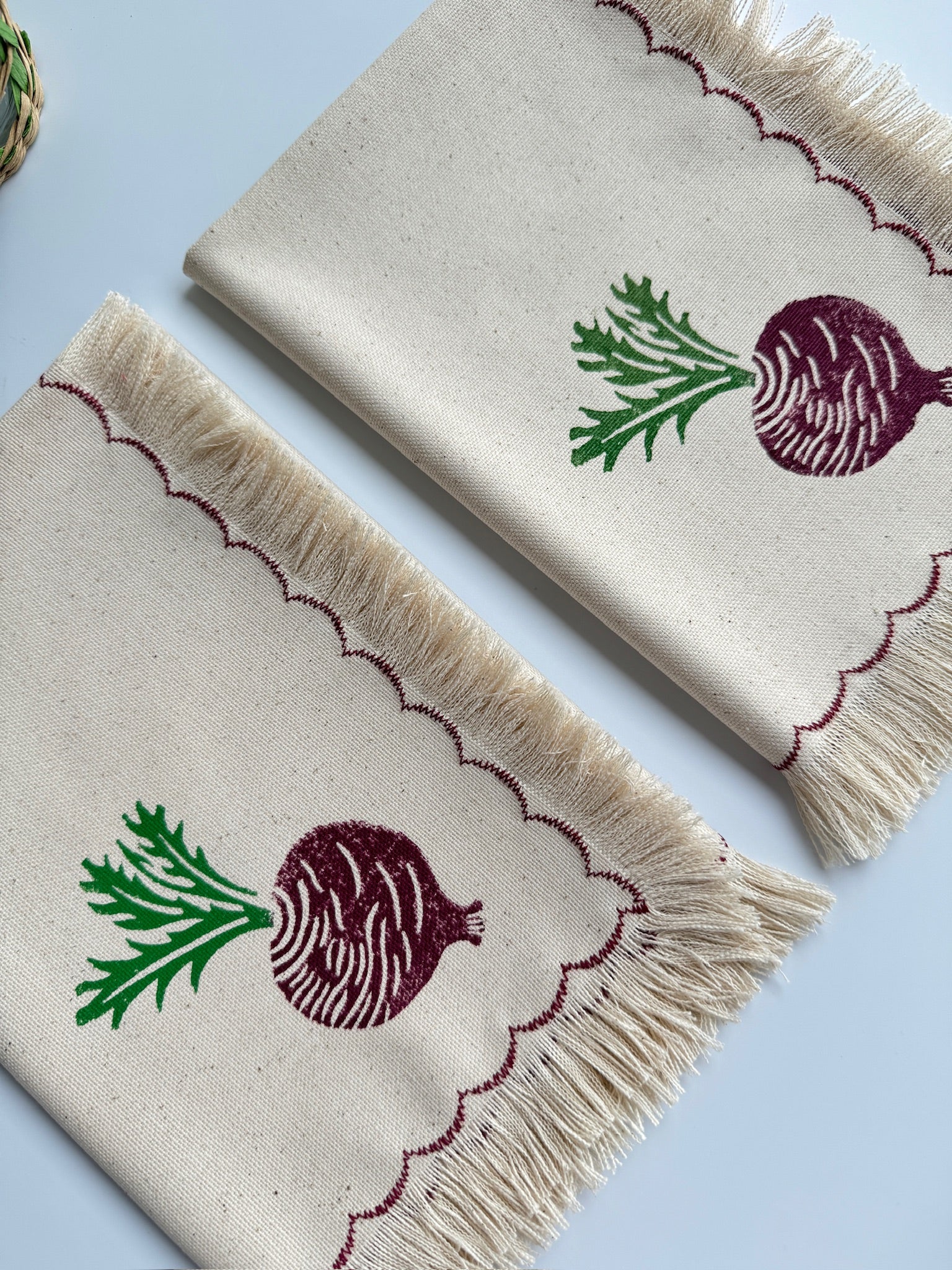 Beet block printed fringe cotton napkins, handmade cloth napkins by Emena Home UK