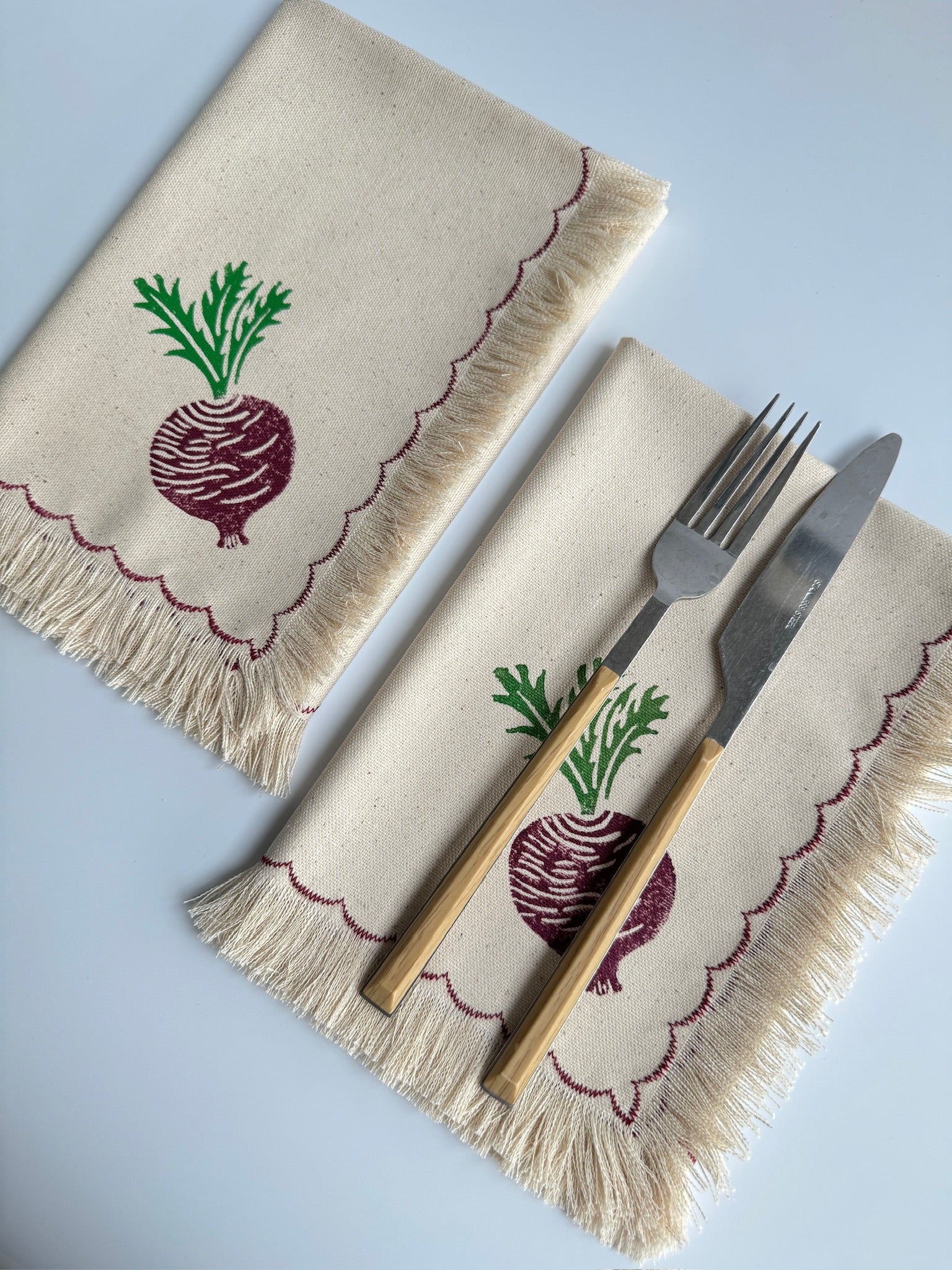 Beet block printed fringe cotton napkins, handmade cloth napkins by Emena Home UK