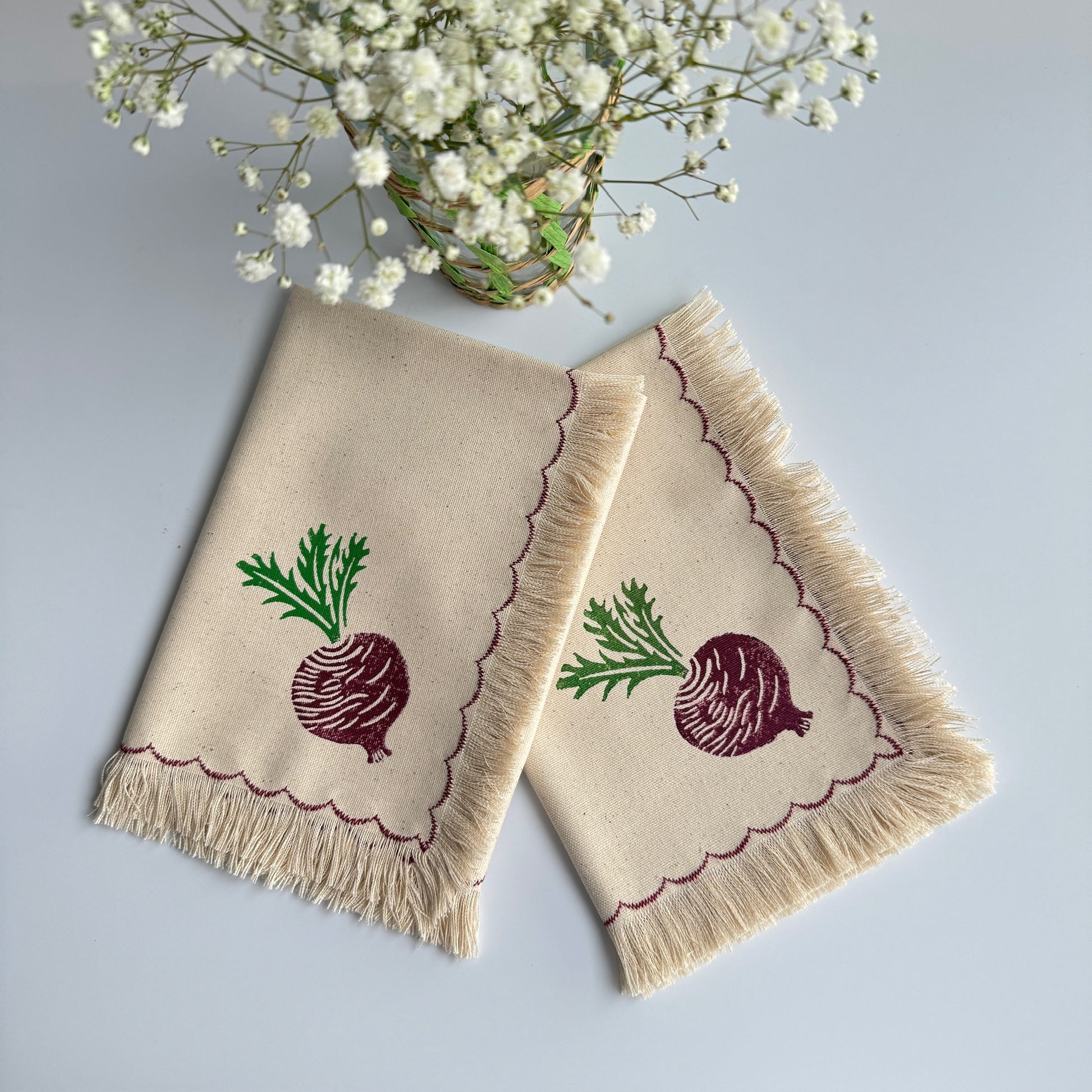 Beet block printed fringe cotton napkins, handmade cloth napkins by Emena Home UK