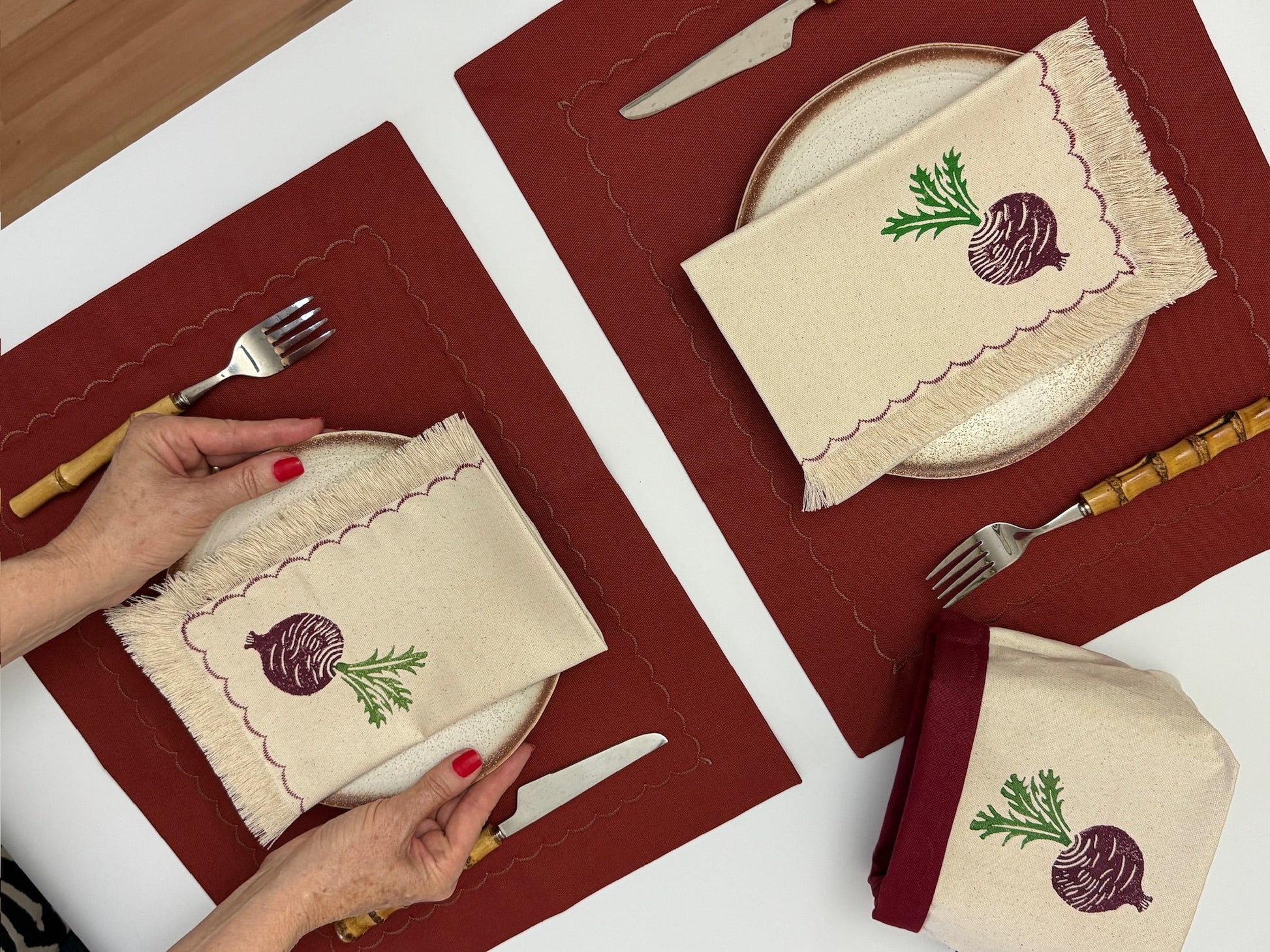 Beet block printed fringe cotton napkins, handmade cloth napkins by Emena Home UK