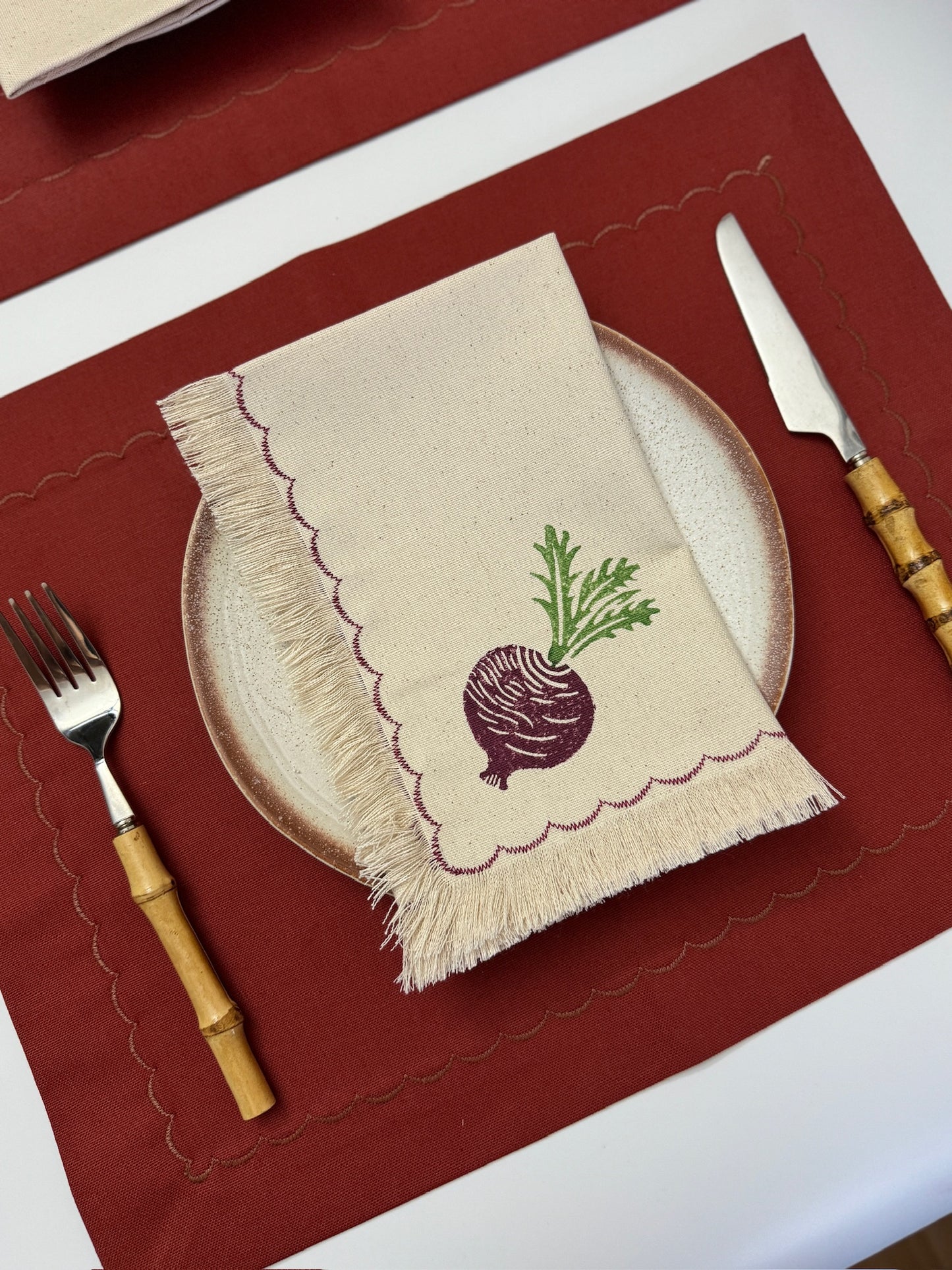 Beet block printed fringe cotton napkins, handmade cloth napkins by Emena Home UK