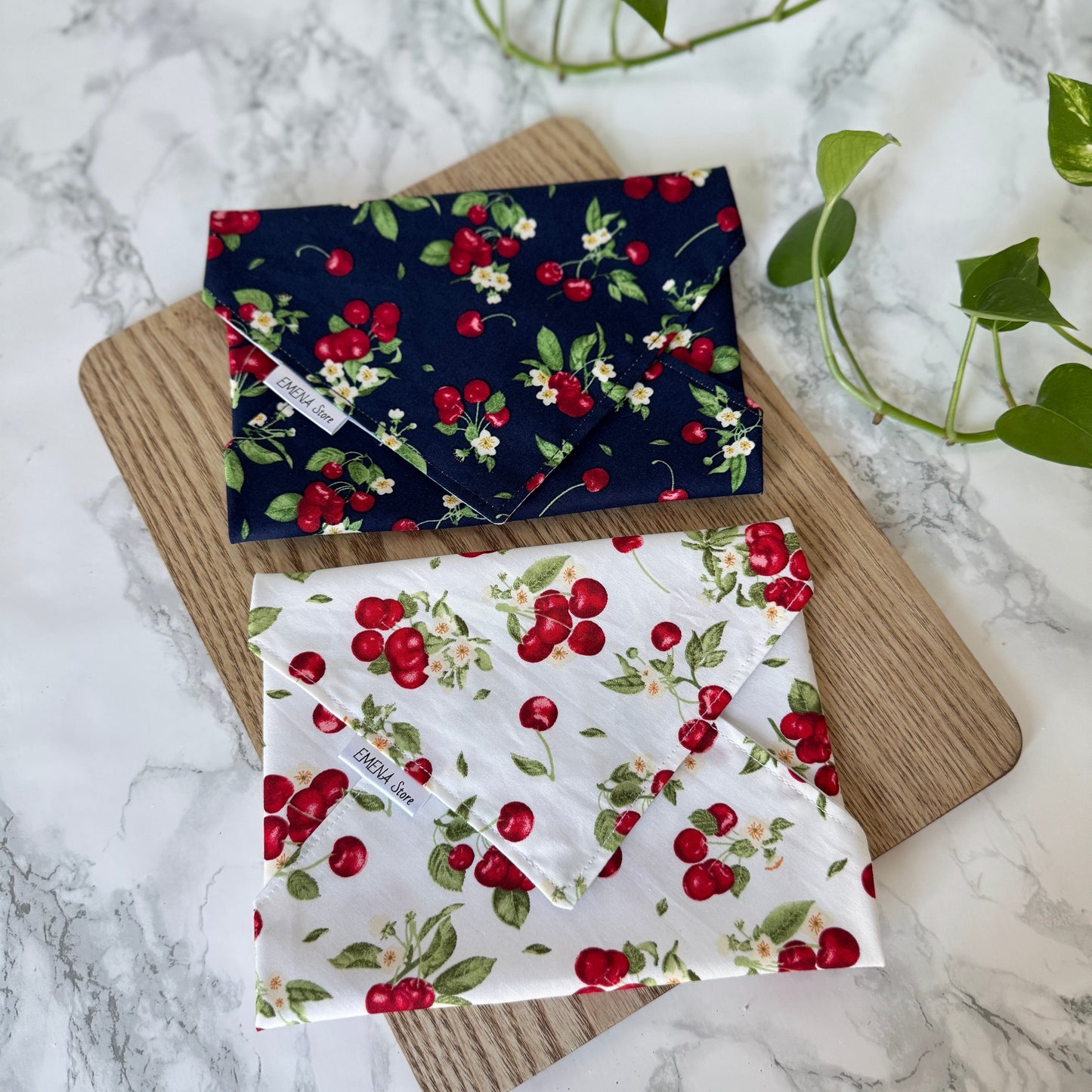 Reusable cotton sandwich wrap in cherries print, eco-friendly lunch wrap alternative to plastic, Emena Home UK
