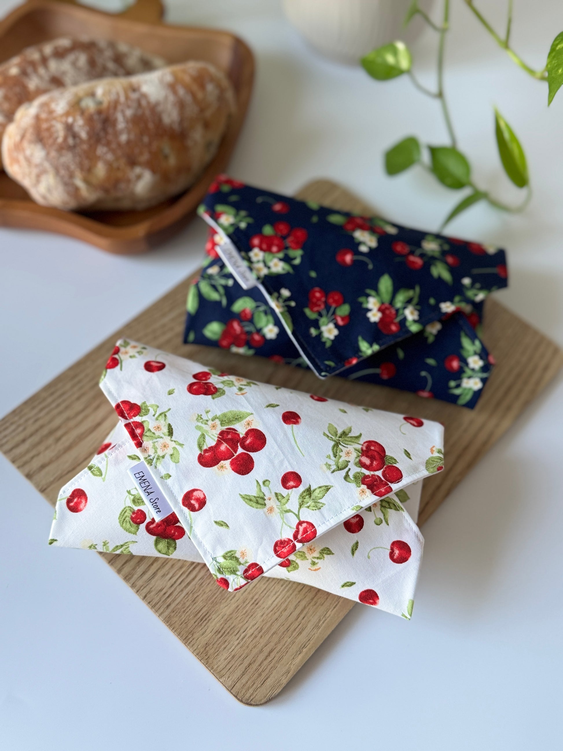Reusable cotton sandwich wrap in cherries print, eco-friendly lunch wrap alternative to plastic, Emena Home UK
