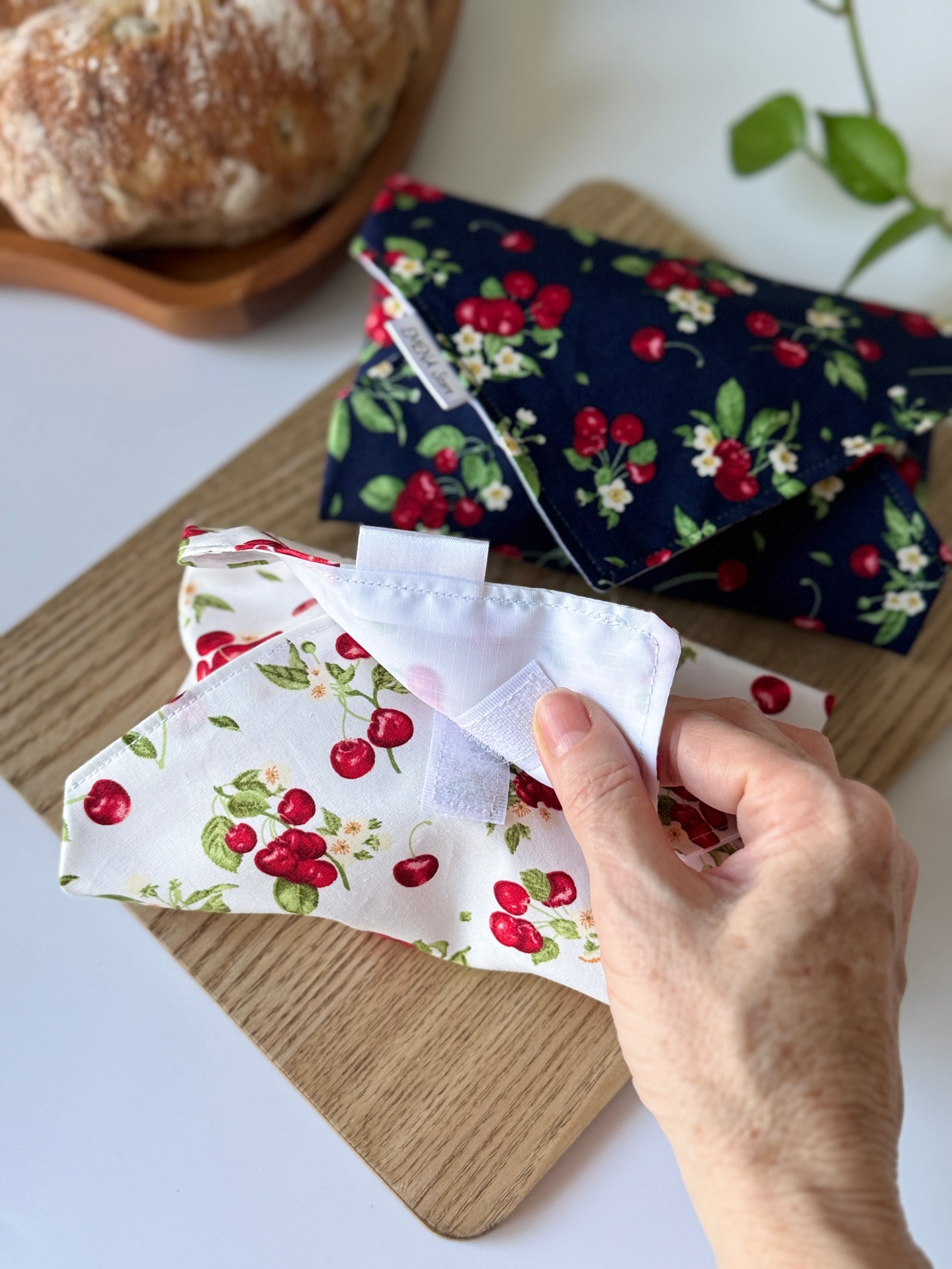 Reusable cotton sandwich wrap in cherries print, eco-friendly lunch wrap alternative to plastic, Emena Home UK