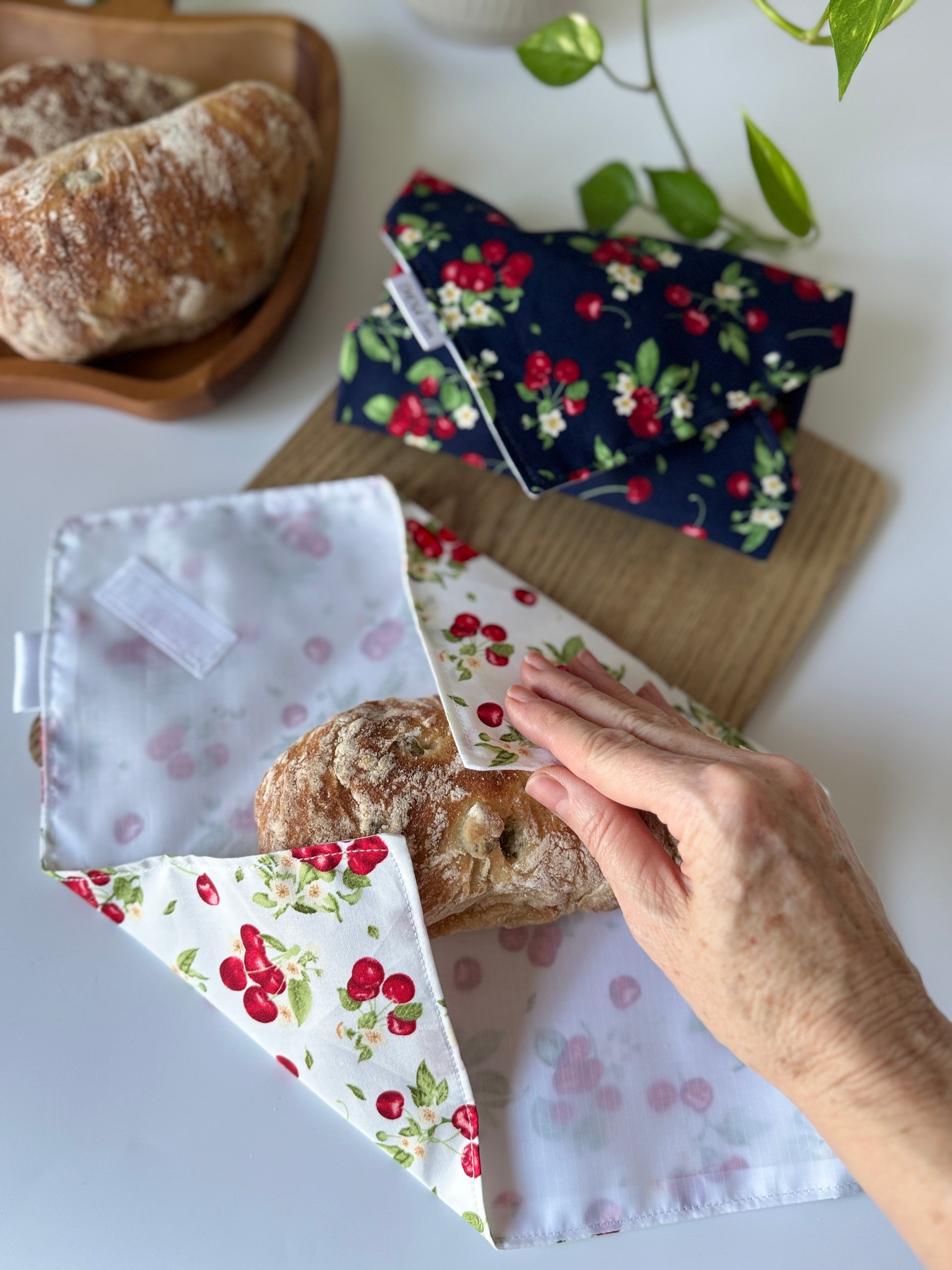 Reusable cotton sandwich wrap in cherries print, eco-friendly lunch wrap alternative to plastic, Emena Home UK