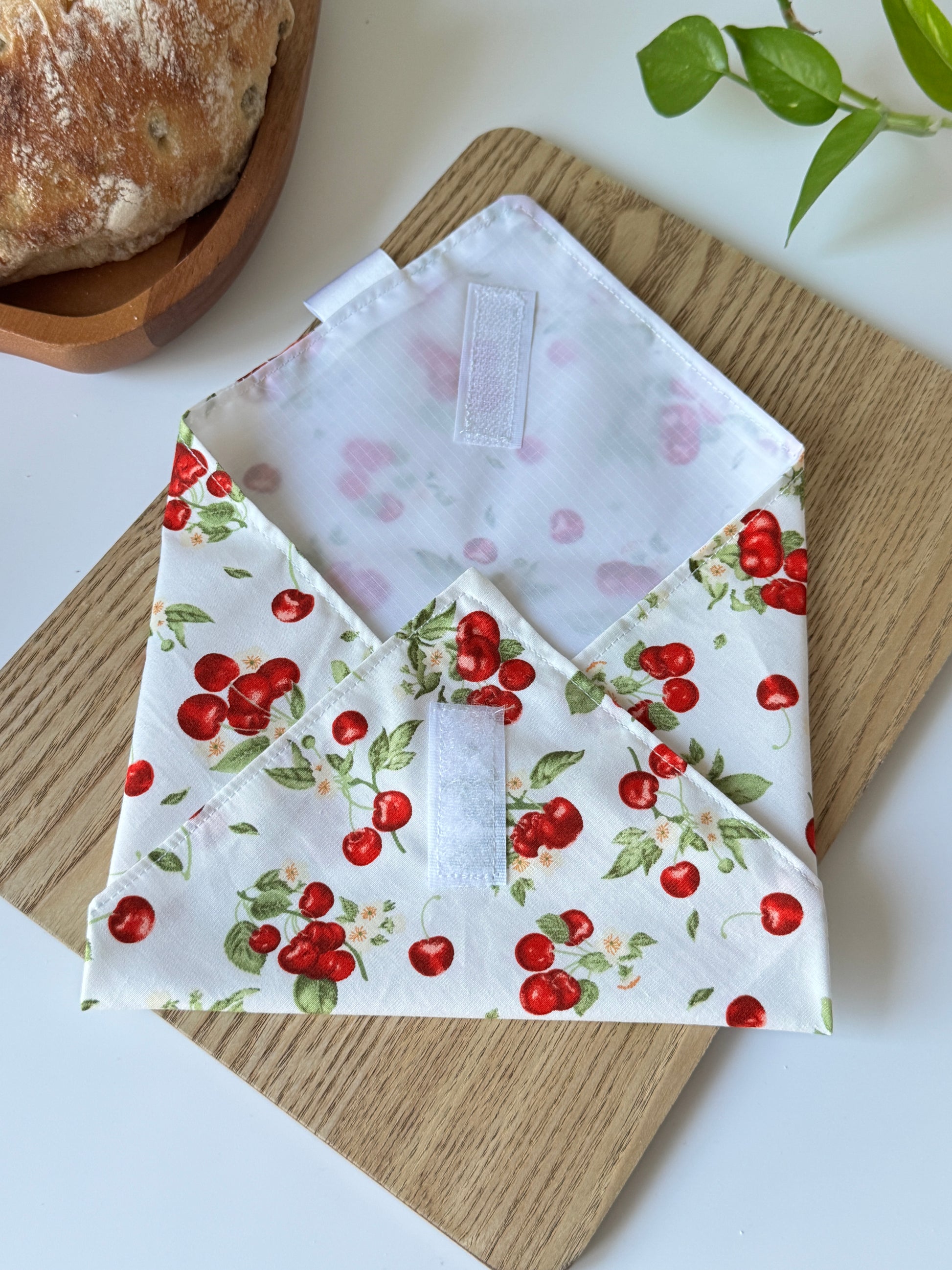 Reusable cotton sandwich wrap in cherries print, eco-friendly lunch wrap alternative to plastic, Emena Home UK