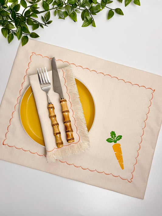 Carrot block printed cotton placemats set of 2, handmade sustainable table mats by Emena Home UK