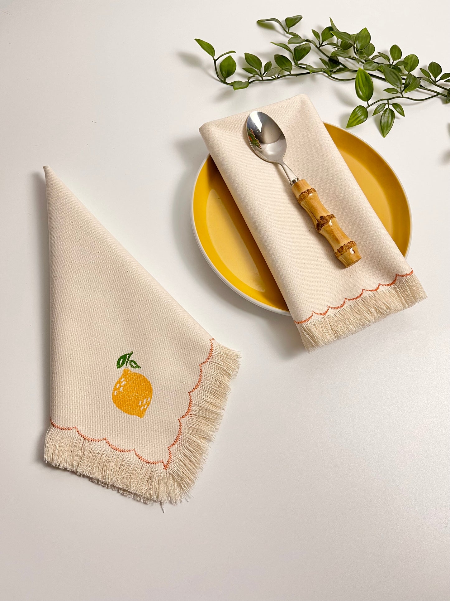 Lemon Block Print Fringe Napkins - Set of 6