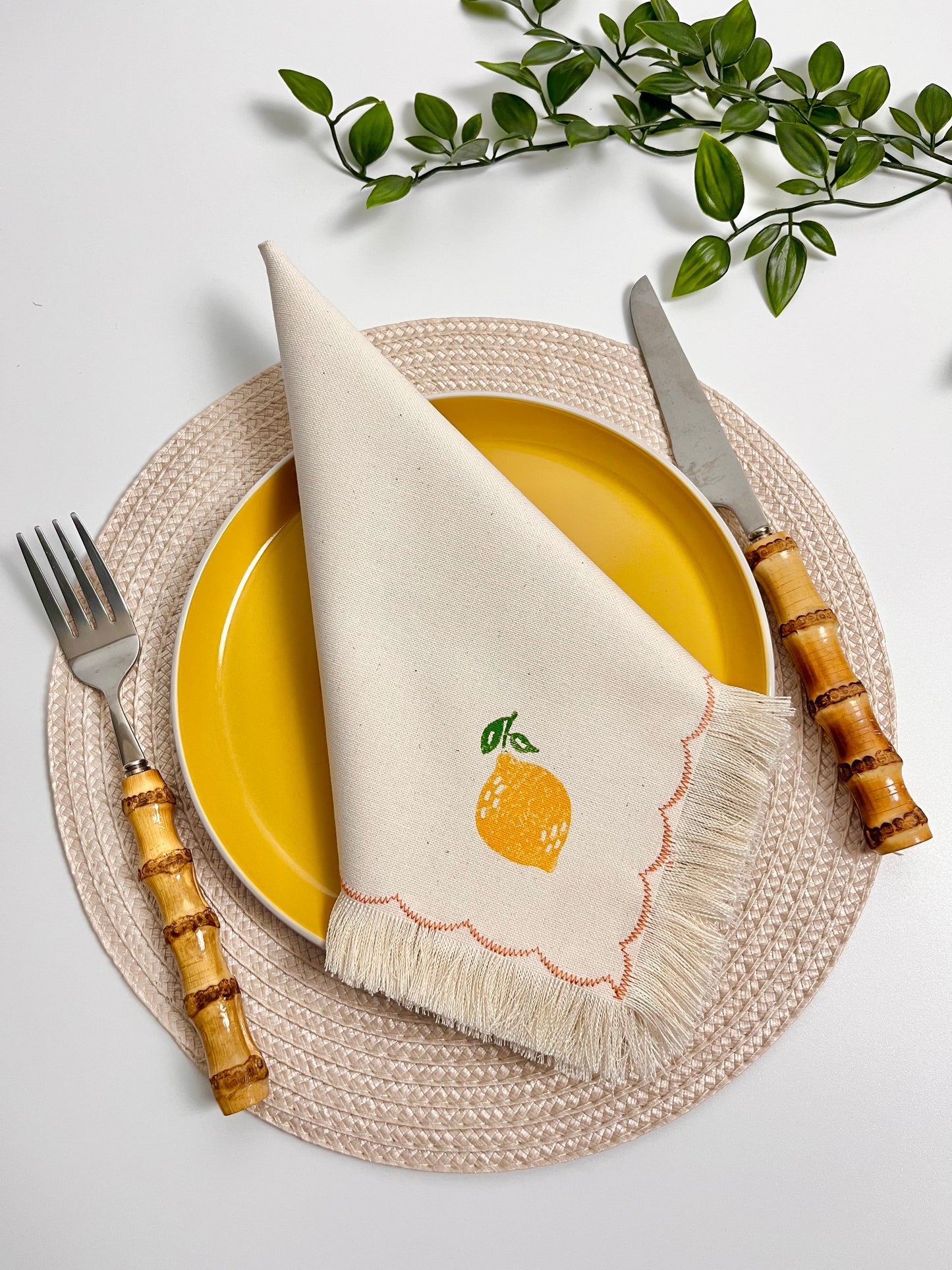 Lemon Block Print Fringe Napkins - Set of 6