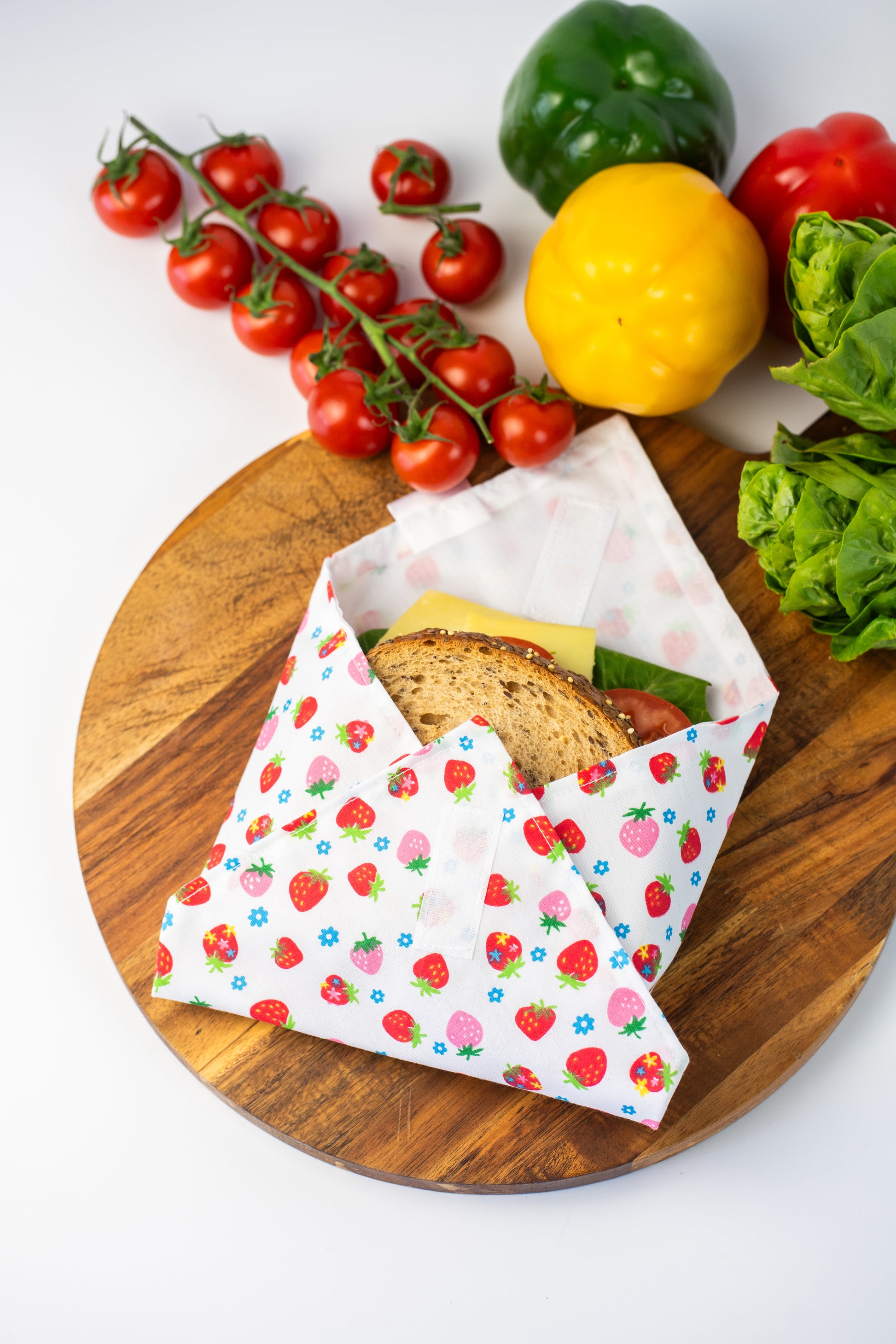 Reusable cotton sandwich wrap in strawberry print, eco-friendly lunch wrap alternative to plastic, Emena Home UK