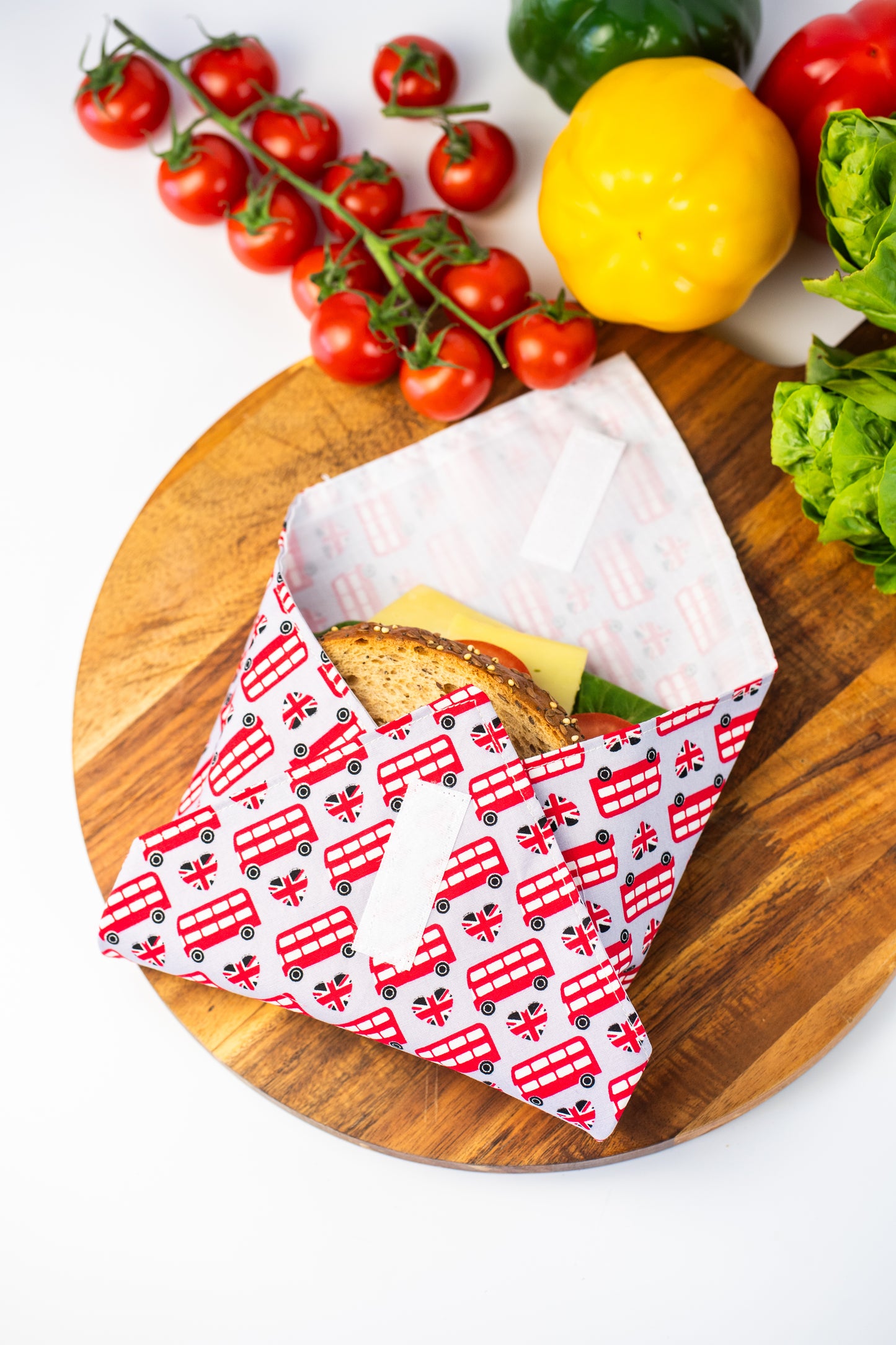 Reusable cotton sandwich wrap in London bus print, eco-friendly lunch wrap UK souvenir gift, Emena Home