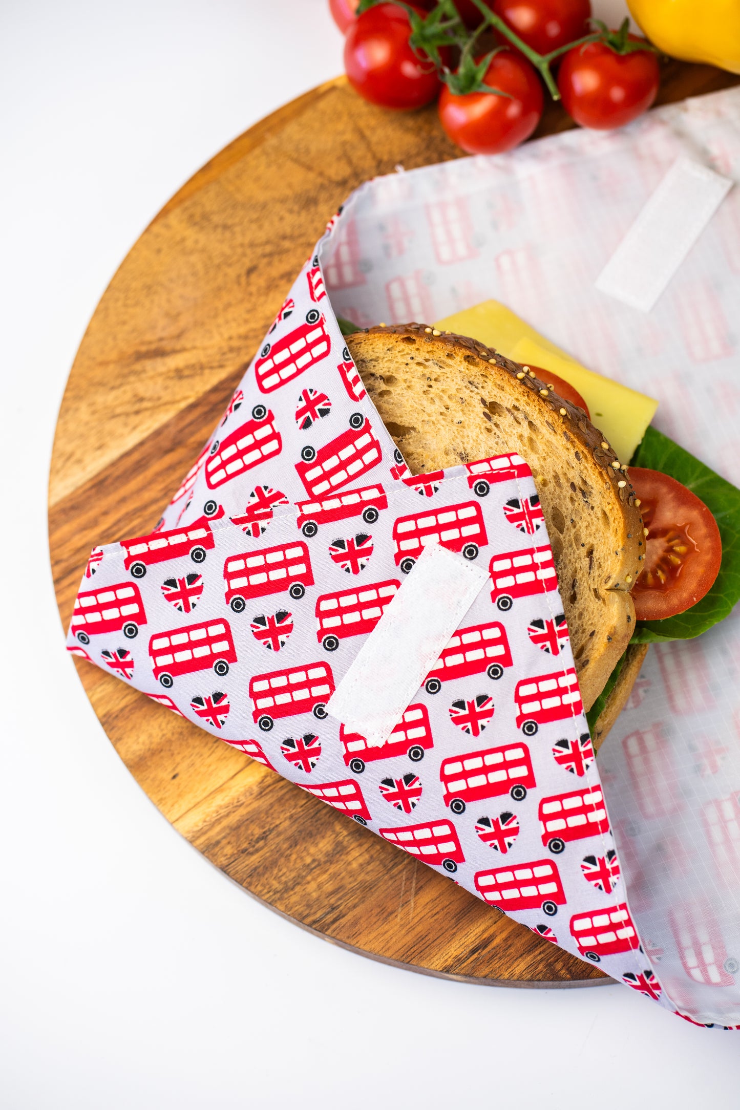 Reusable cotton sandwich wrap in London bus print, eco-friendly lunch wrap UK souvenir gift, Emena Home