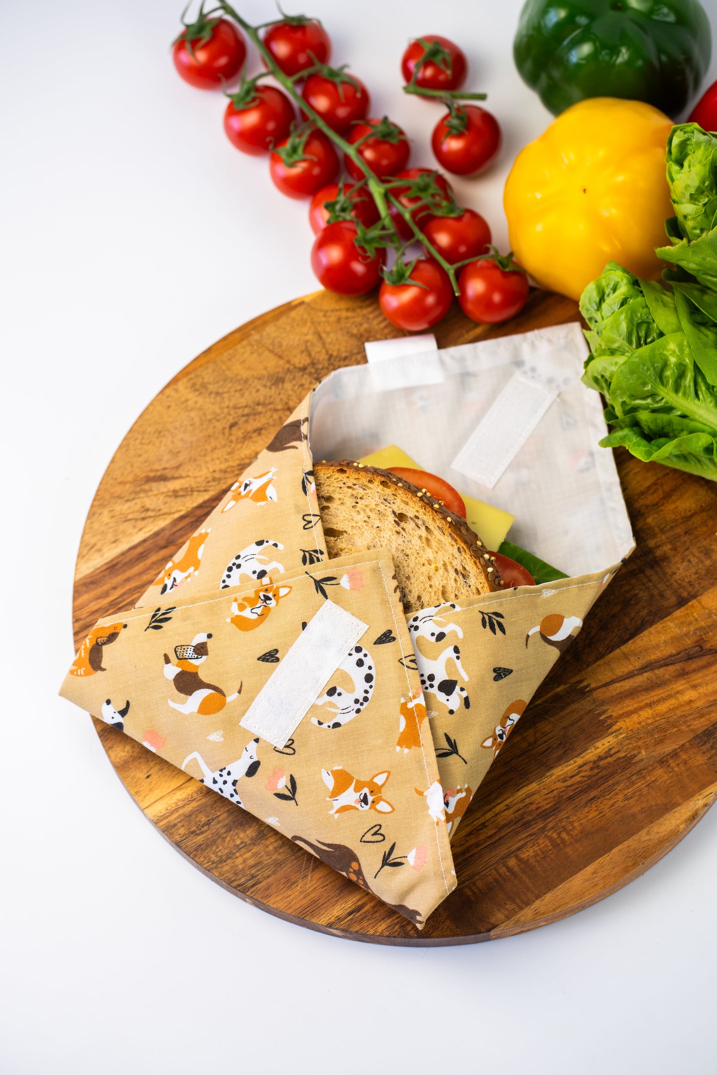 Reusable cotton sandwich wrap in animals print, eco-friendly lunch wrap alternative to plastic, Emena Home UK