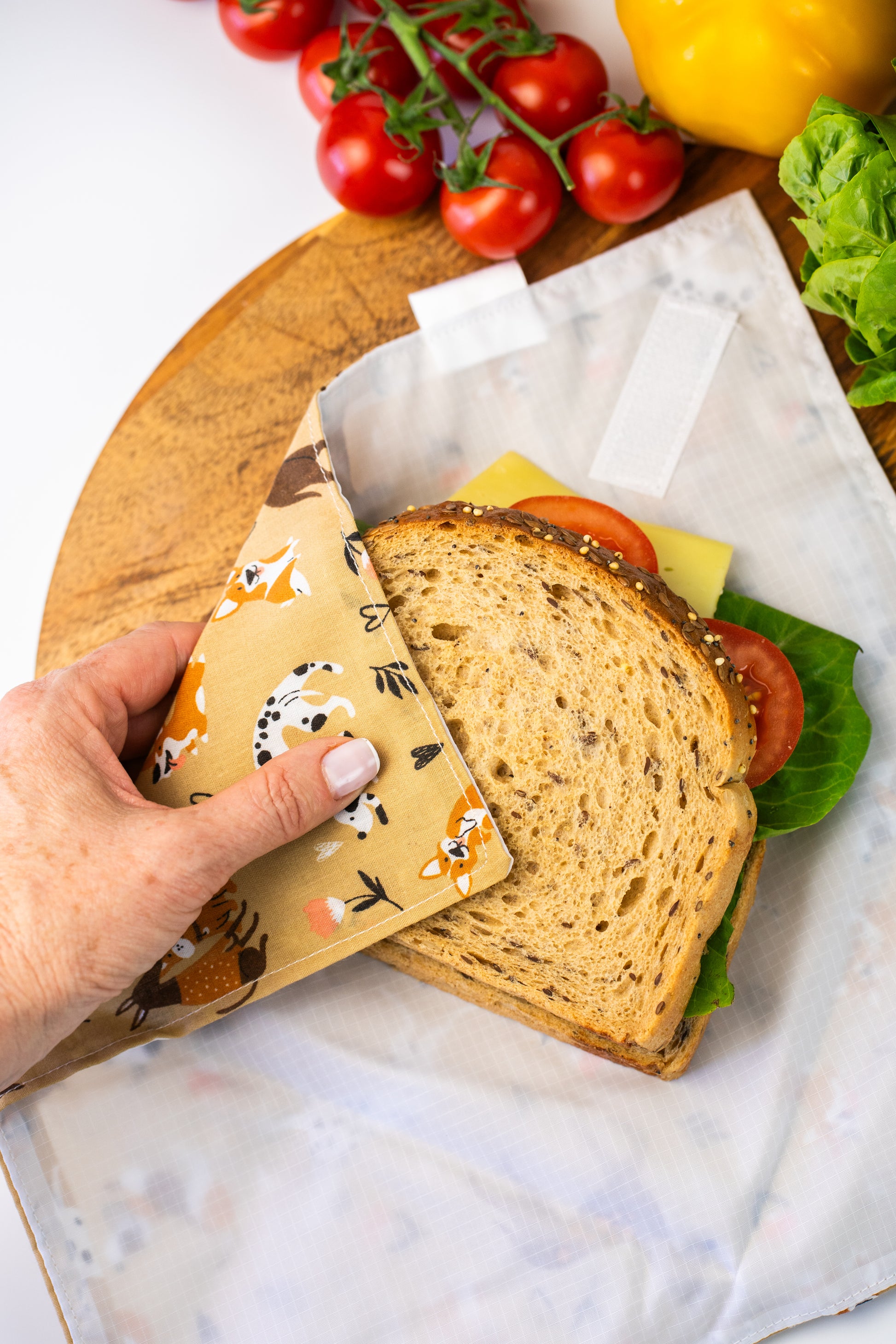 Reusable cotton sandwich wrap in animals print, eco-friendly lunch wrap alternative to plastic, Emena Home UK