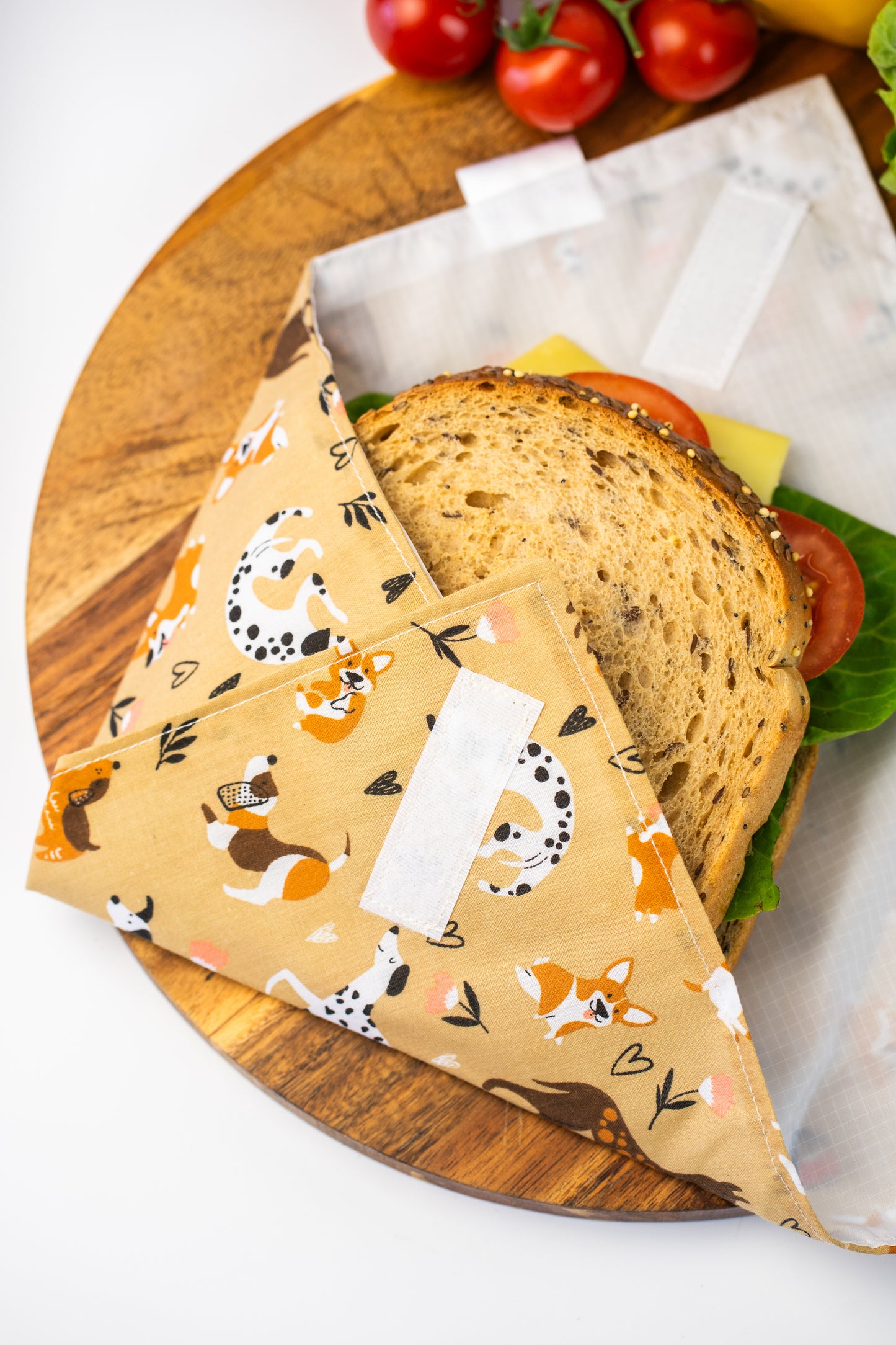 Reusable cotton sandwich wrap in animals print, eco-friendly lunch wrap alternative to plastic, Emena Home UK