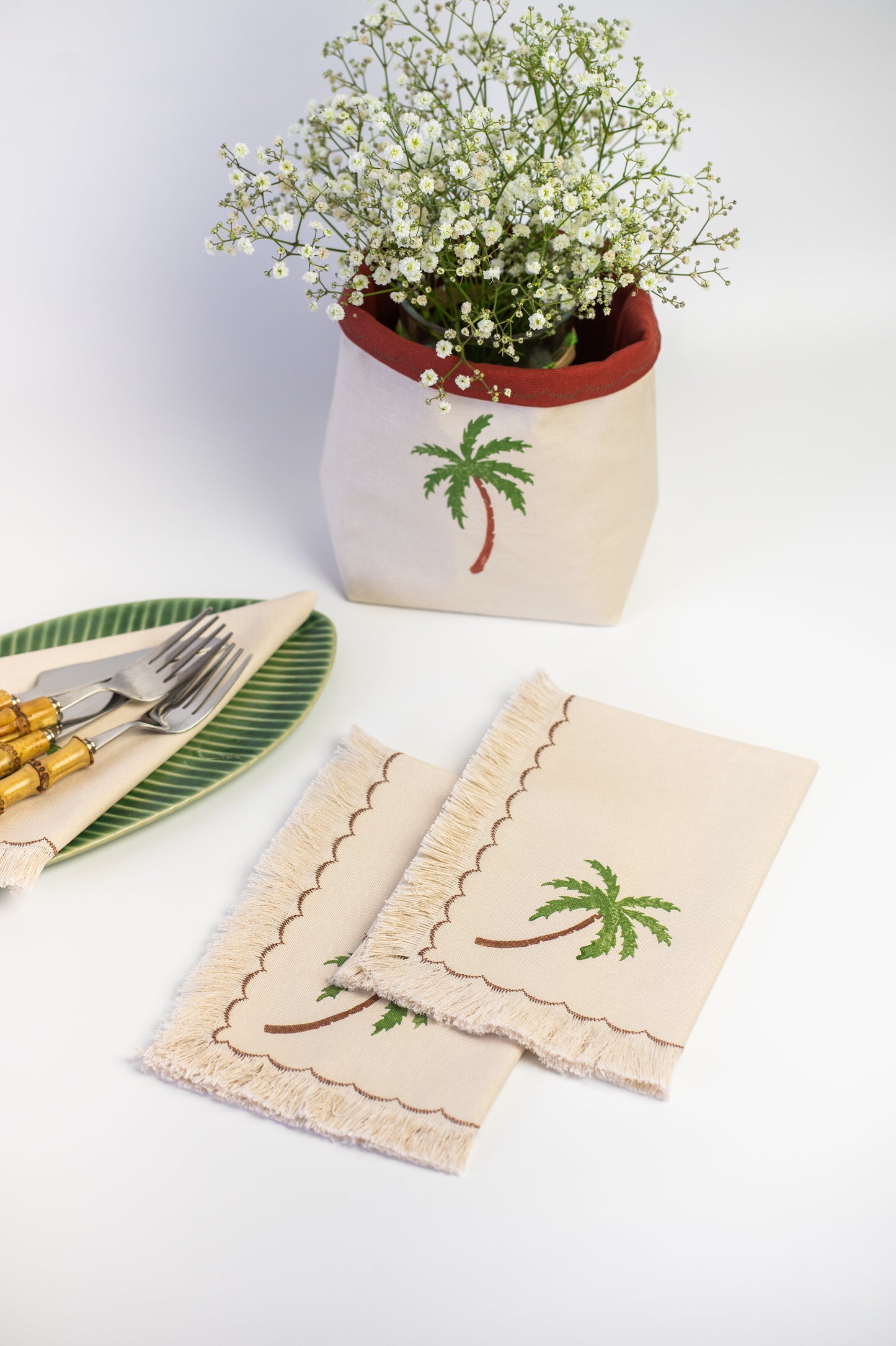 Palm tree block printed fringe cotton napkins, handmade cloth napkins by Emena Home UK