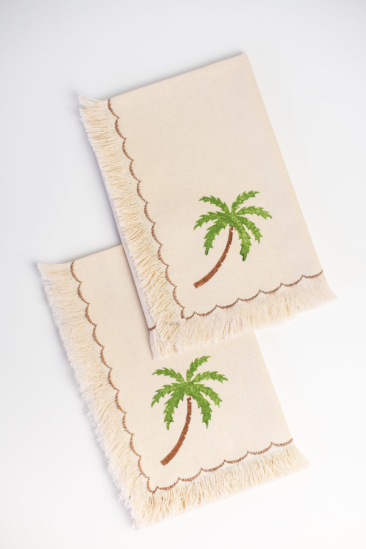 Palm tree block printed fringe cotton napkins, handmade cloth napkins by Emena Home UK