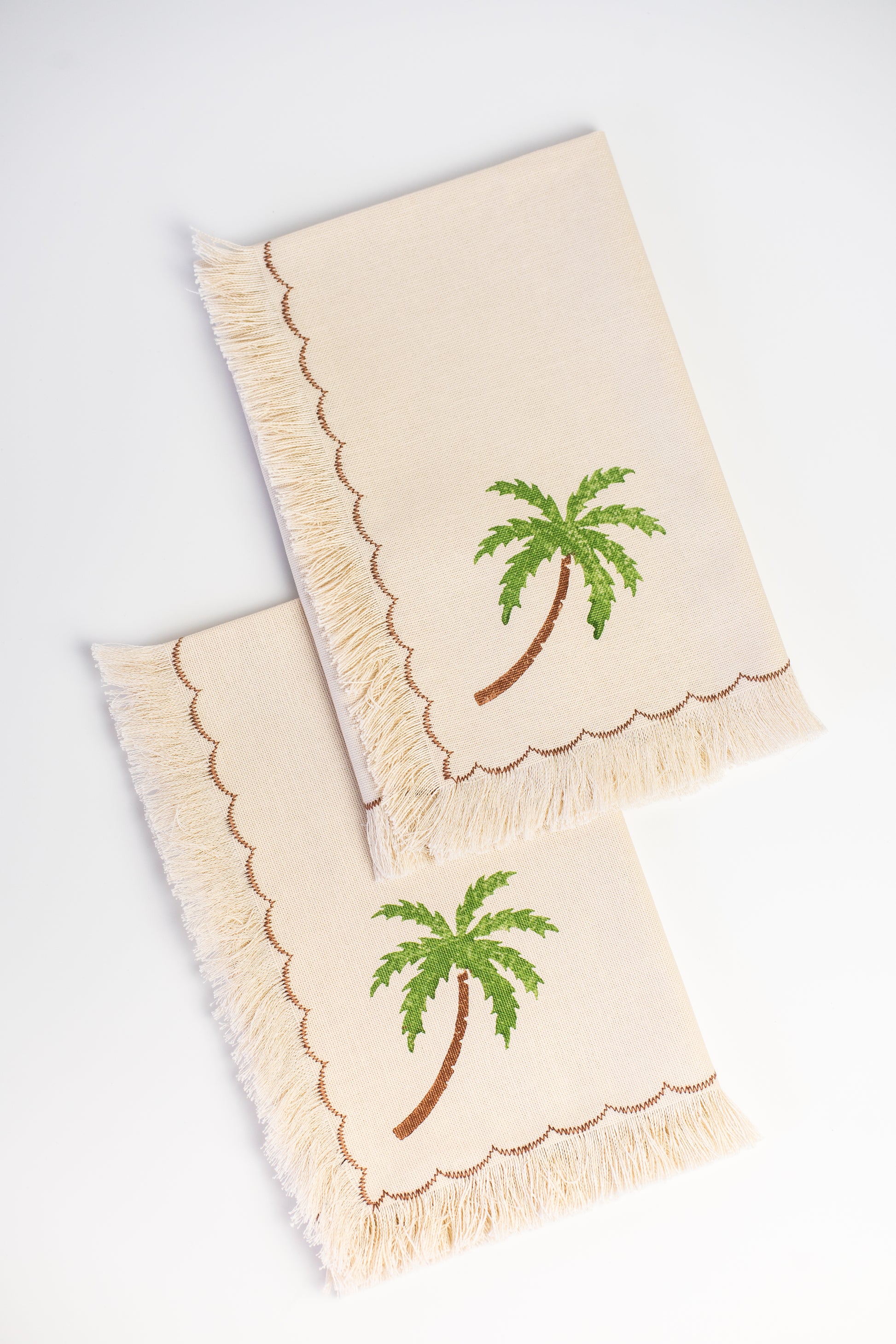 Palm tree block printed fringe cotton napkins, handmade cloth napkins by Emena Home UK