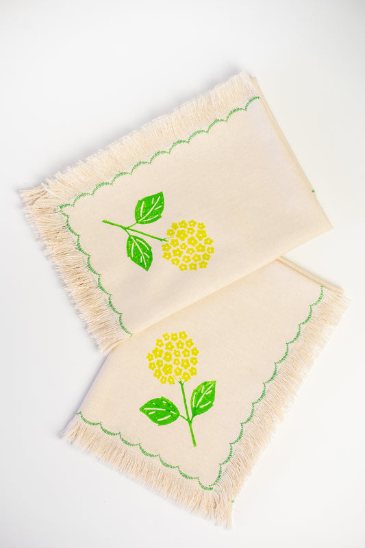 Block Printed Fringed Napkins - Hydrangea Set of 2