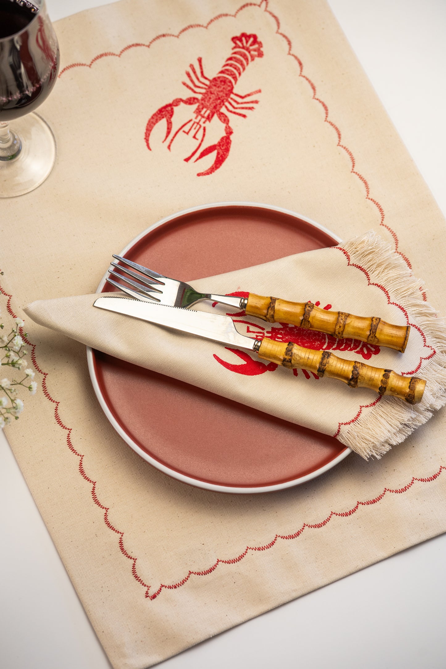 Lobster block printed fringe cotton napkins, handmade cloth napkins by Emena Home UK
