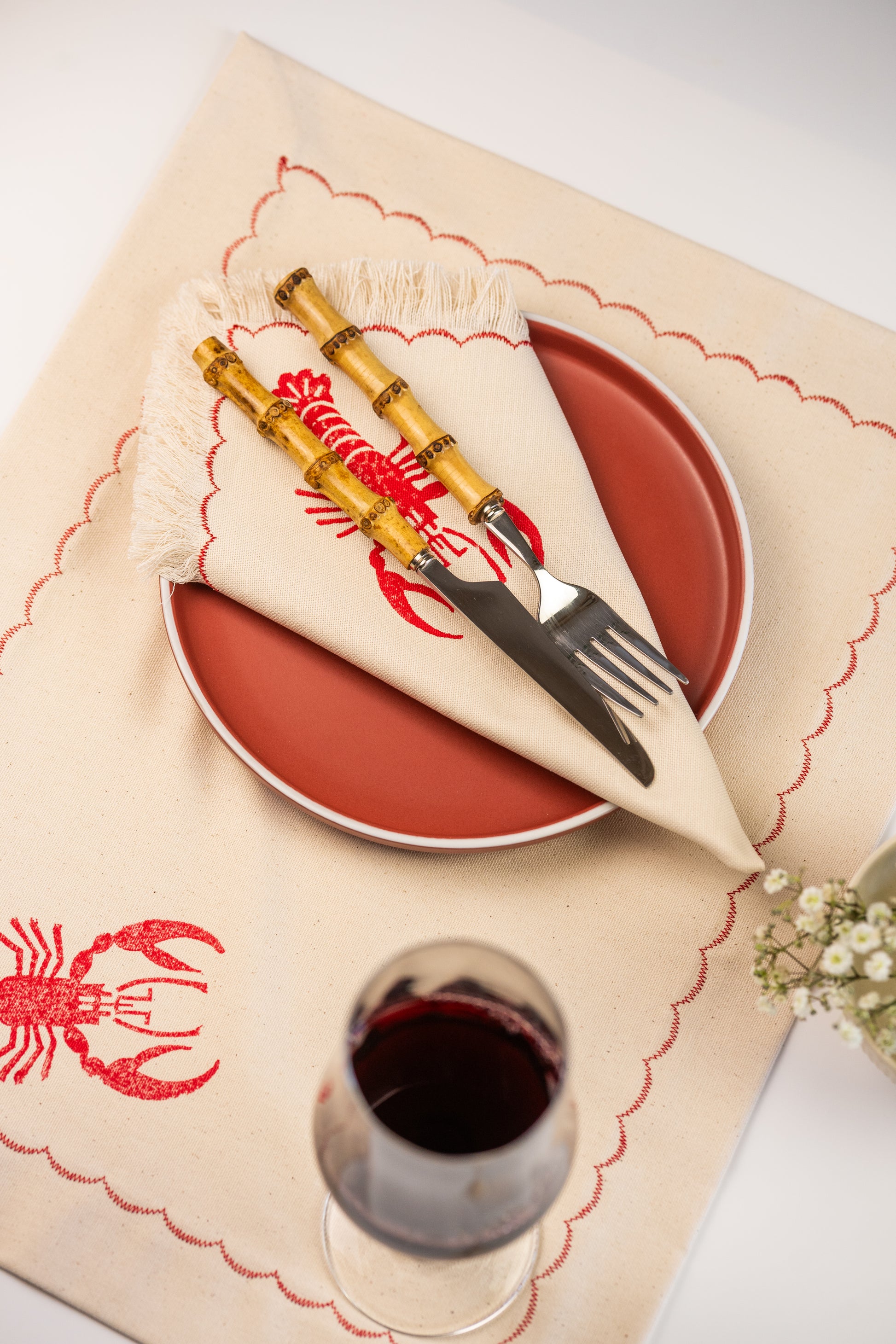 Lobster block printed fringe cotton napkins, handmade cloth napkins by Emena Home UK