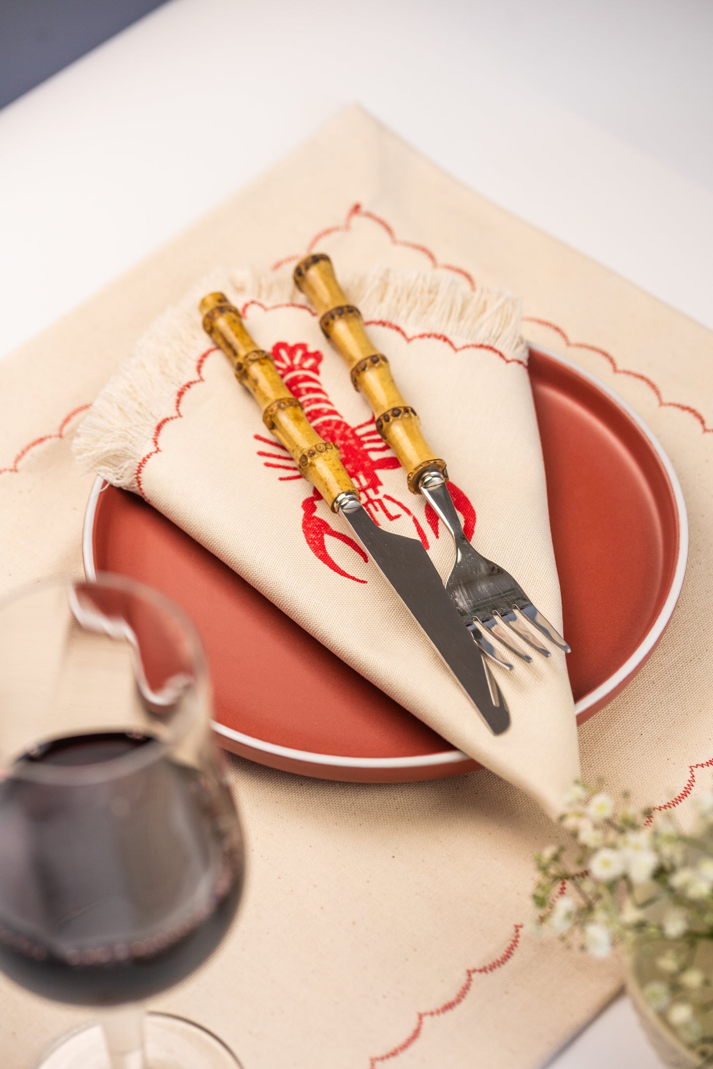 Lobster block printed fringe cotton napkins, handmade cloth napkins by Emena Home UK