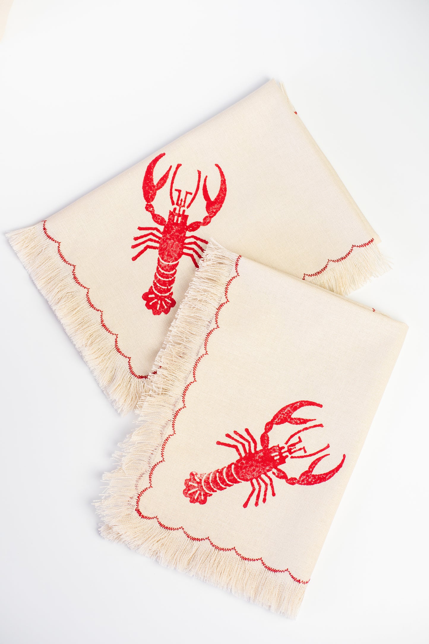 Lobster block printed fringe cotton napkins, handmade cloth napkins by Emena Home UK
