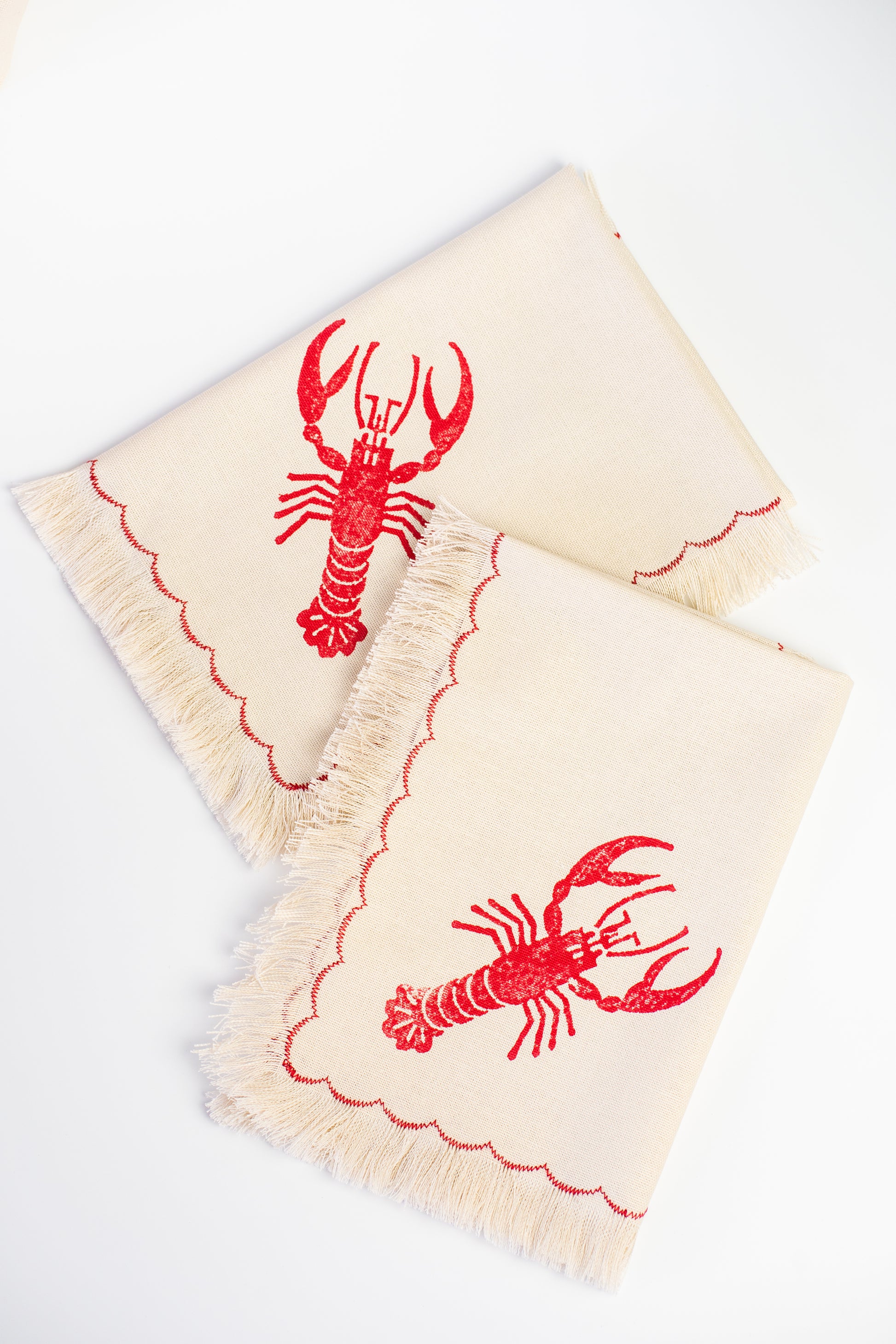 Lobster block printed fringe cotton napkins, handmade cloth napkins by Emena Home UK
