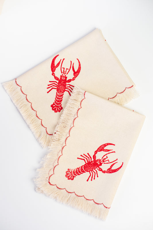 Lobster block printed fringe cotton napkins, handmade cloth napkins by Emena Home UK