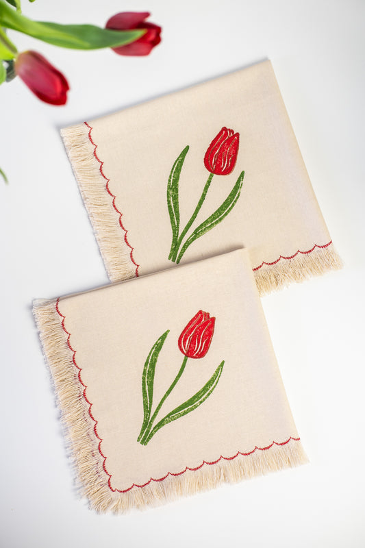 Block Printed Fringed Napkins - Tulips Set of 2
