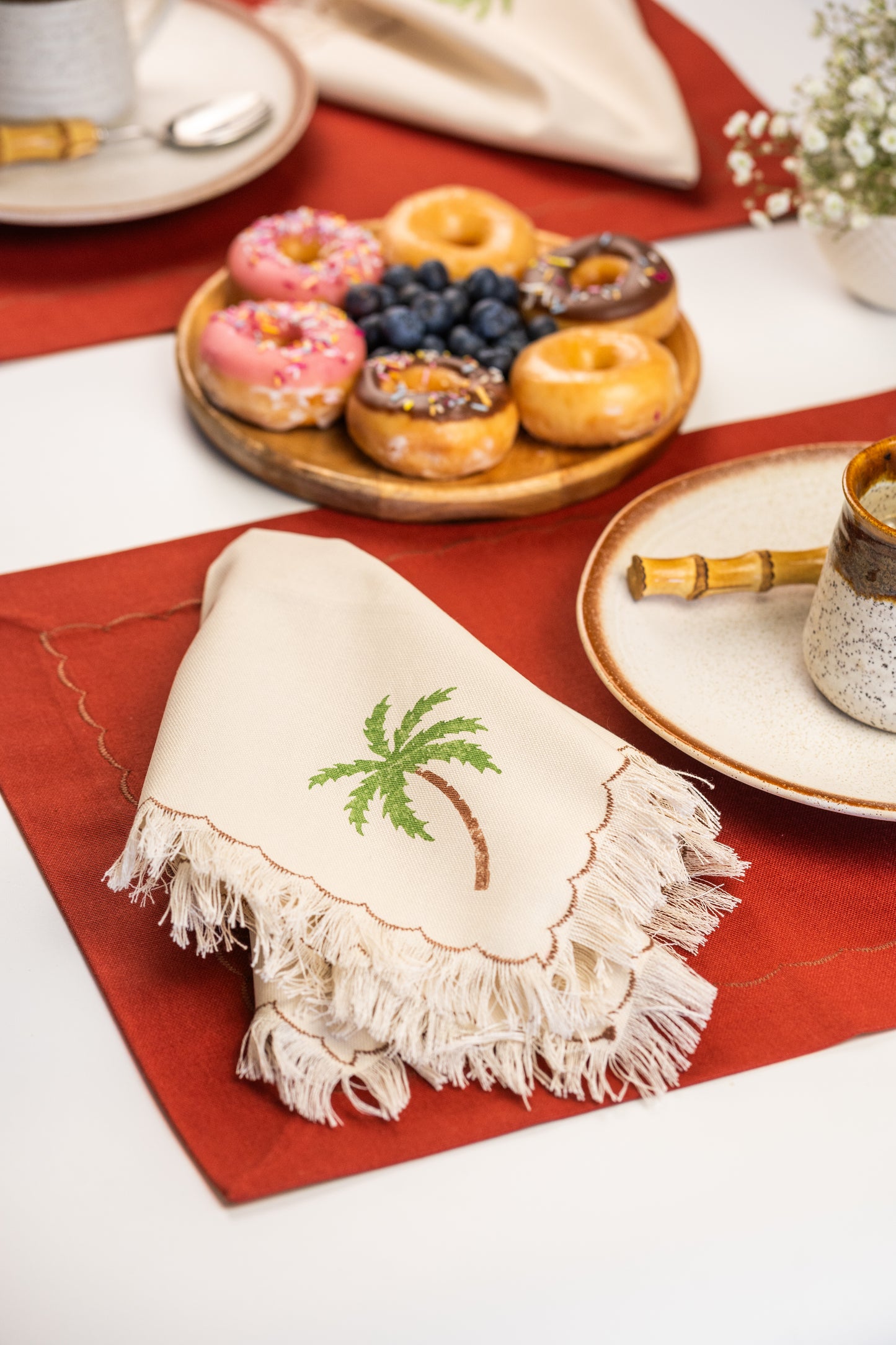 Palm tree block printed fringe cotton napkins, handmade cloth napkins by Emena Home UK