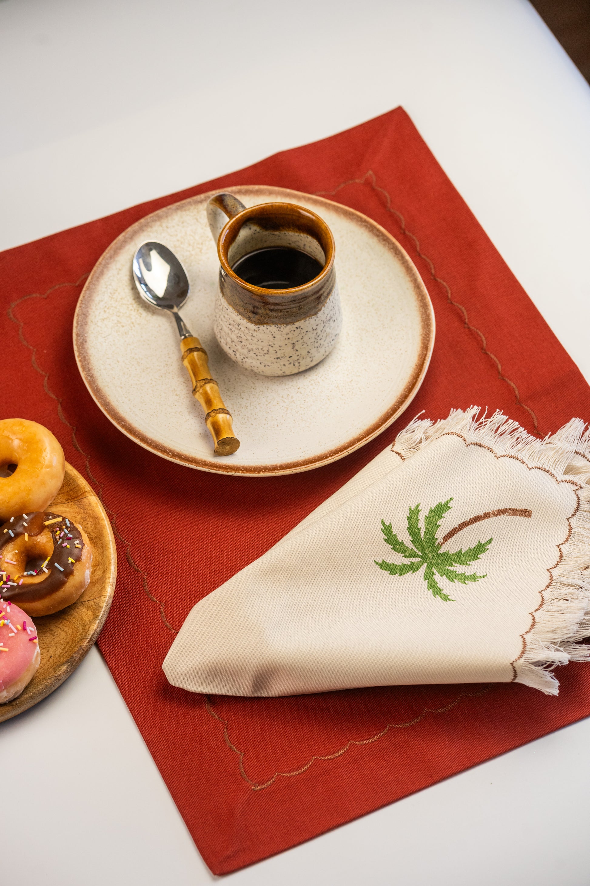 Palm tree block printed fringe cotton napkins, handmade cloth napkins by Emena Home UK