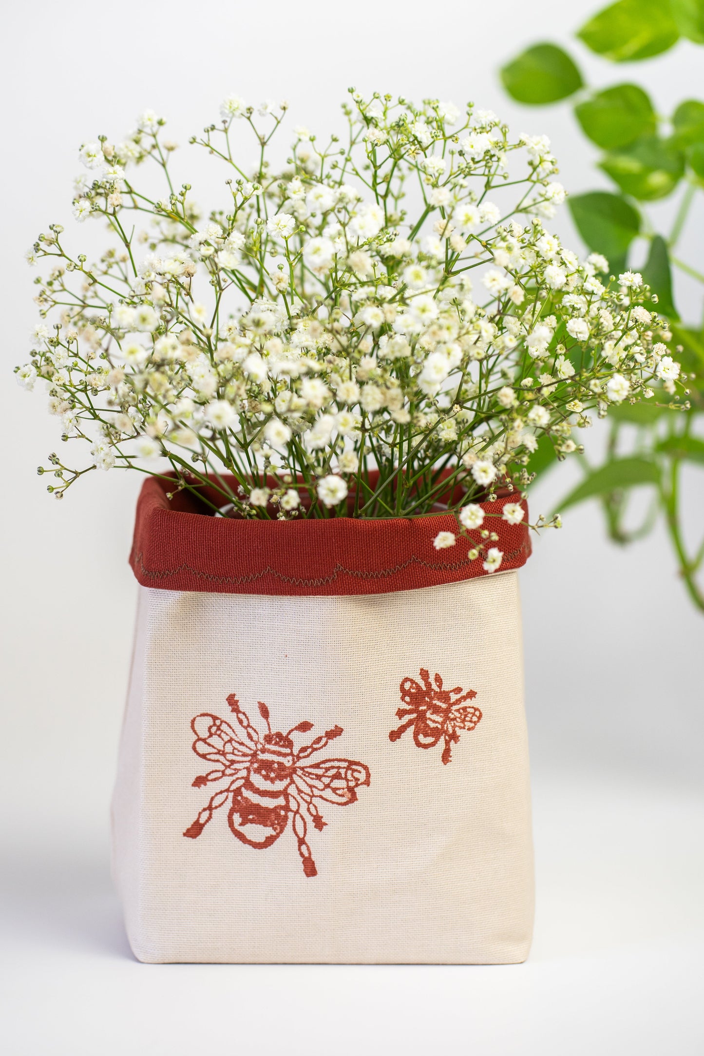 Reversible block-printed fabric storage basket in bees print, handmade cotton basket by Emena Home UK