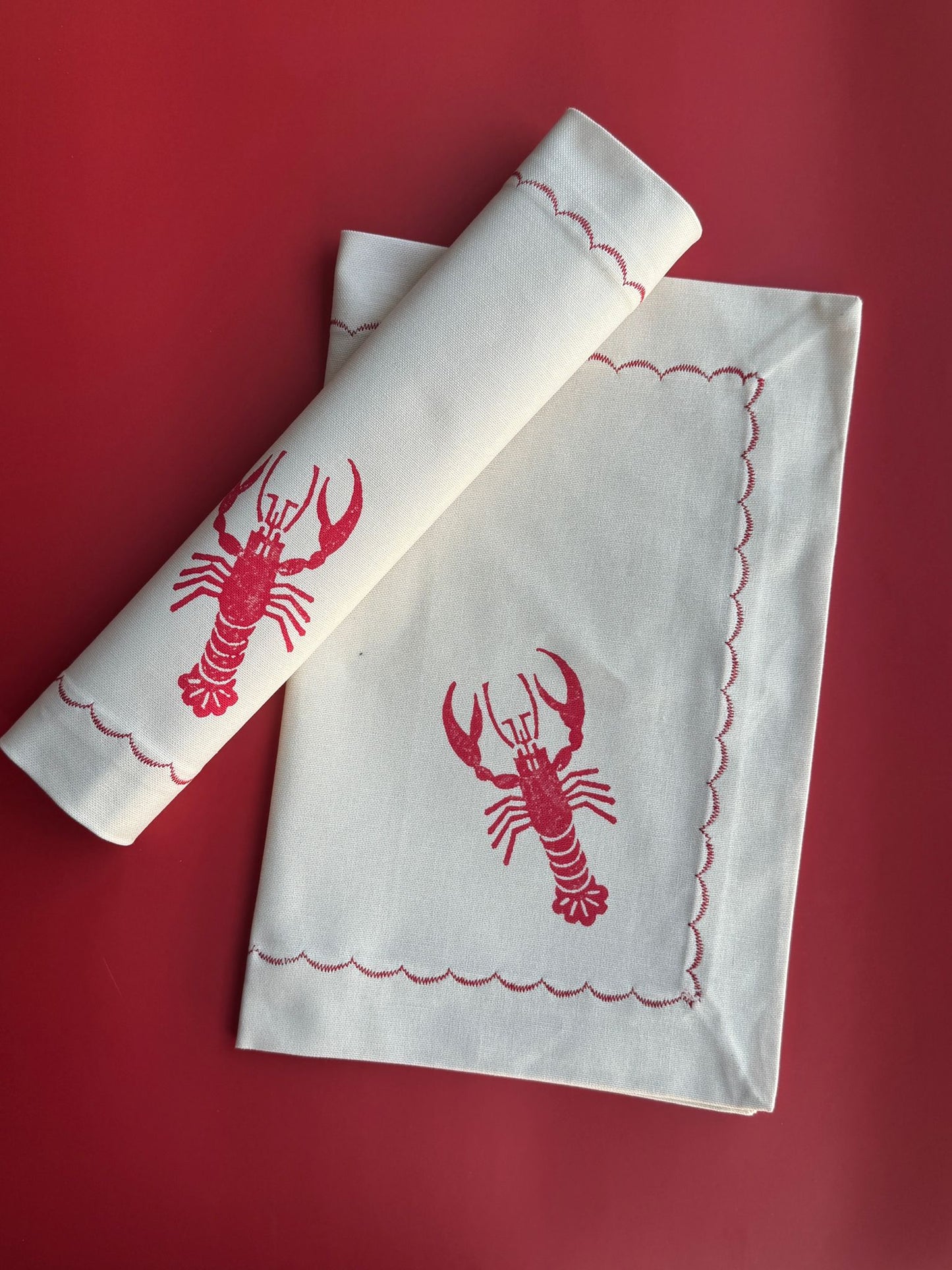 Lobster block printed cotton placemats set of 2, handmade table mats by Emena Home UK