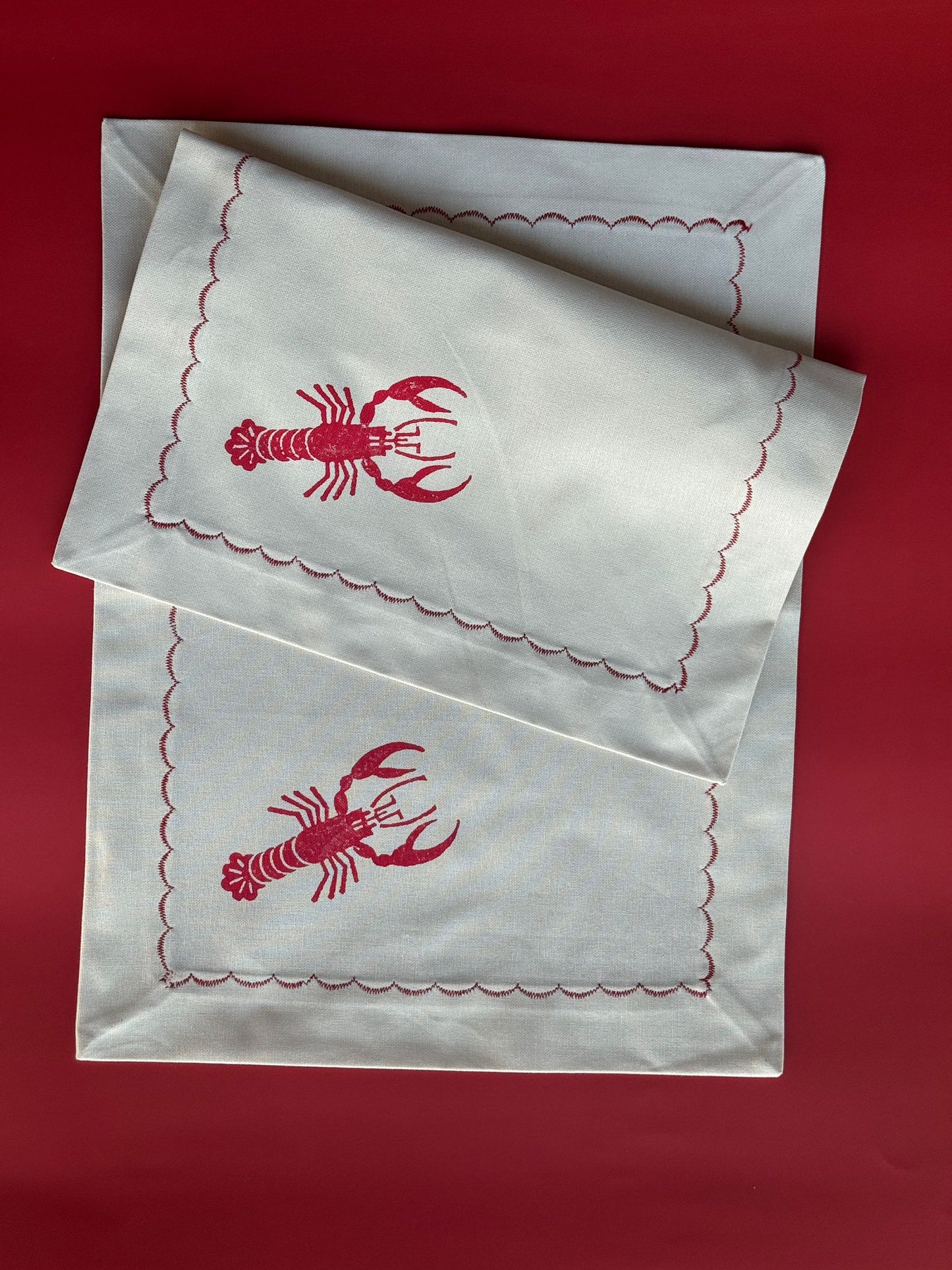 Lobster block printed cotton placemats set of 2, handmade table mats by Emena Home UK