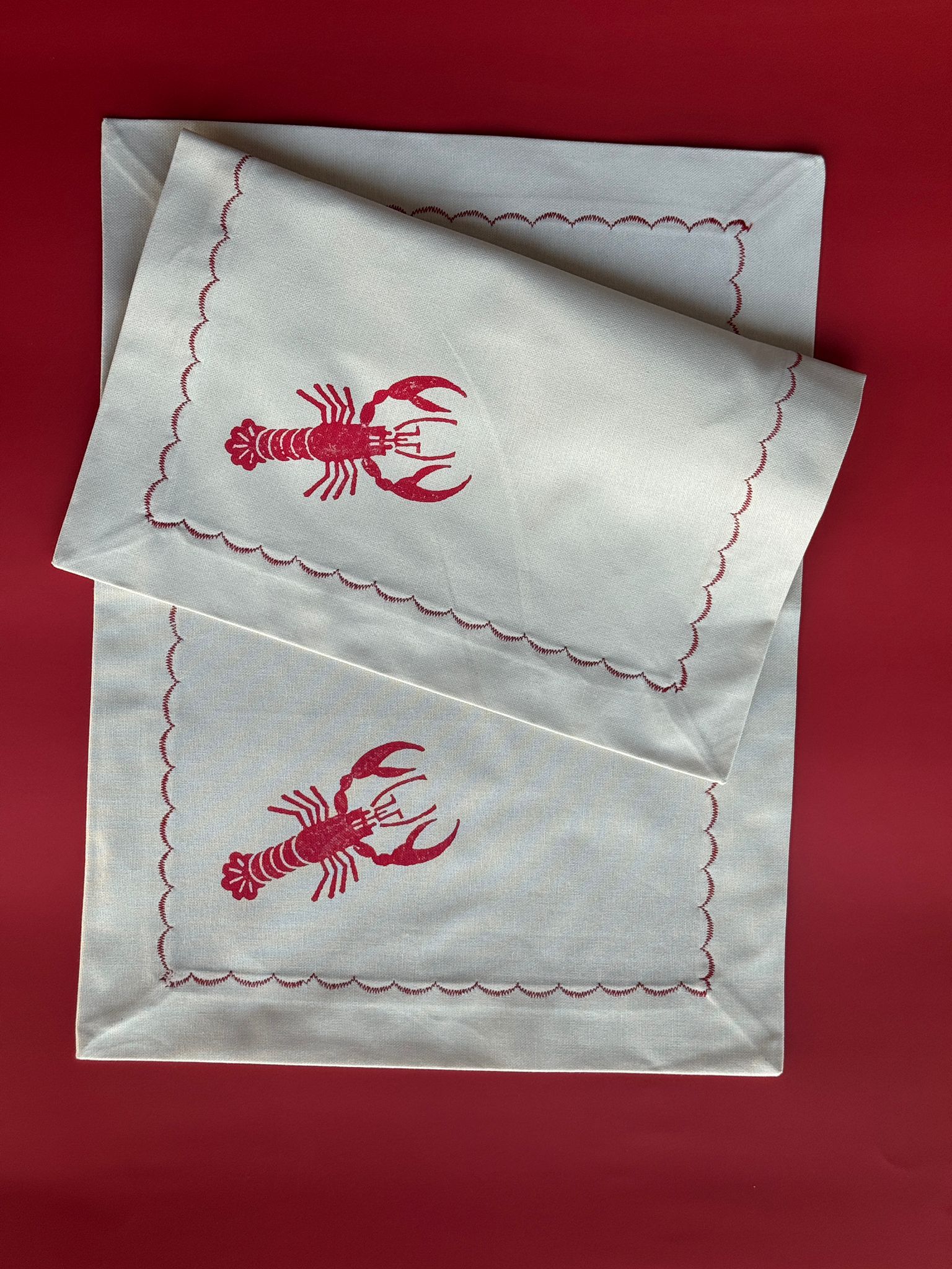 Lobster block printed cotton placemats set of 2, handmade table mats by Emena Home UK