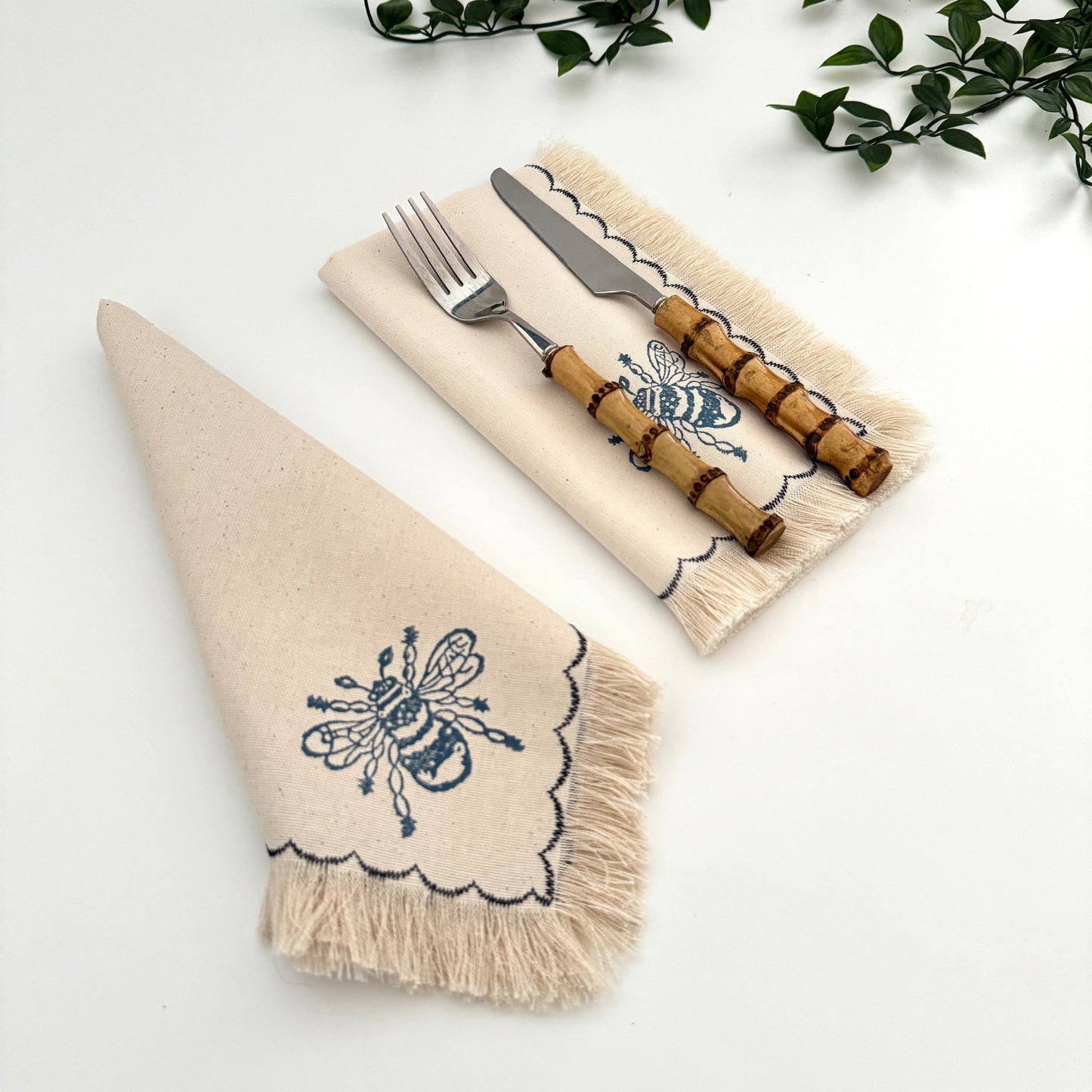 Cotton Block-Printed Fringe Napkins - Bees